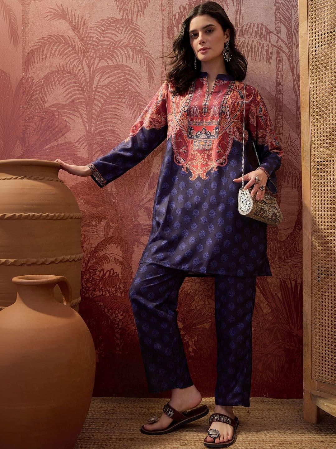 Sangria Printed Mandarin Collar Tunic & Trousers Co-Ords - view 1