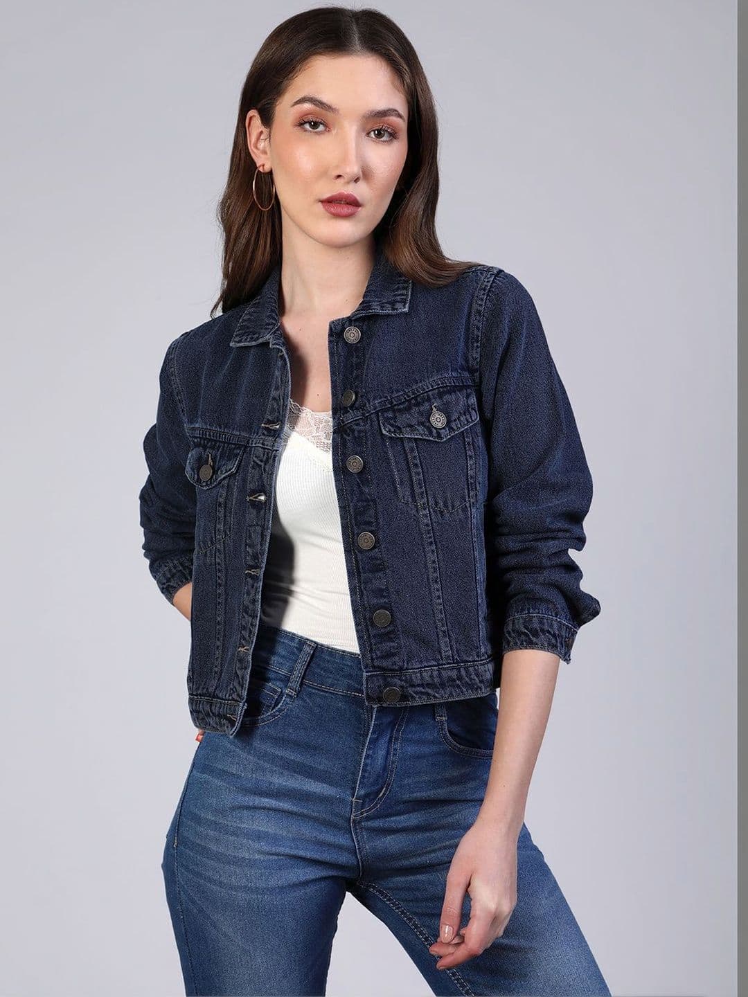 Urbano Fashion Women Dark Blue Regular Fit Washed Full Sleeve Denim Jacket - view 1