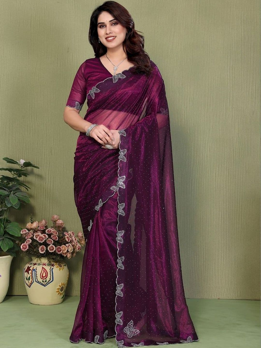 STYLETONE Embellished Beads and Stones Net Heavy Work Saree - view 1