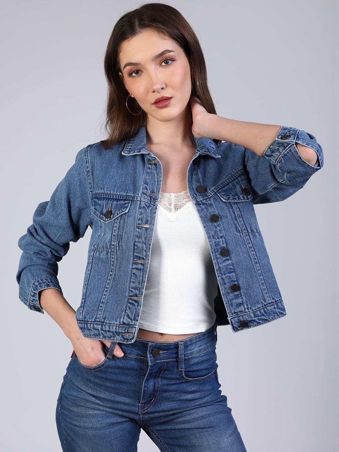 Urbano Fashion Women Light Blue Regular Fit Washed Full Sleeve Denim Jacket - view 1