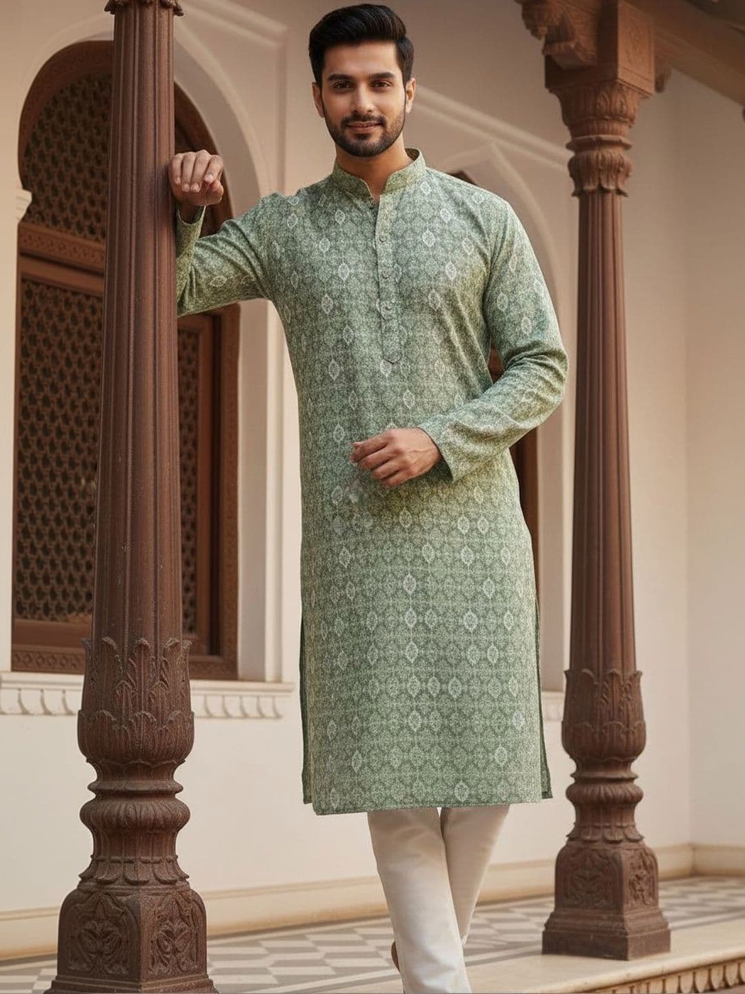 House of Pataudi Embroidered Cotton Mandarin Collar Knee Length Straight Kurta - view 1
