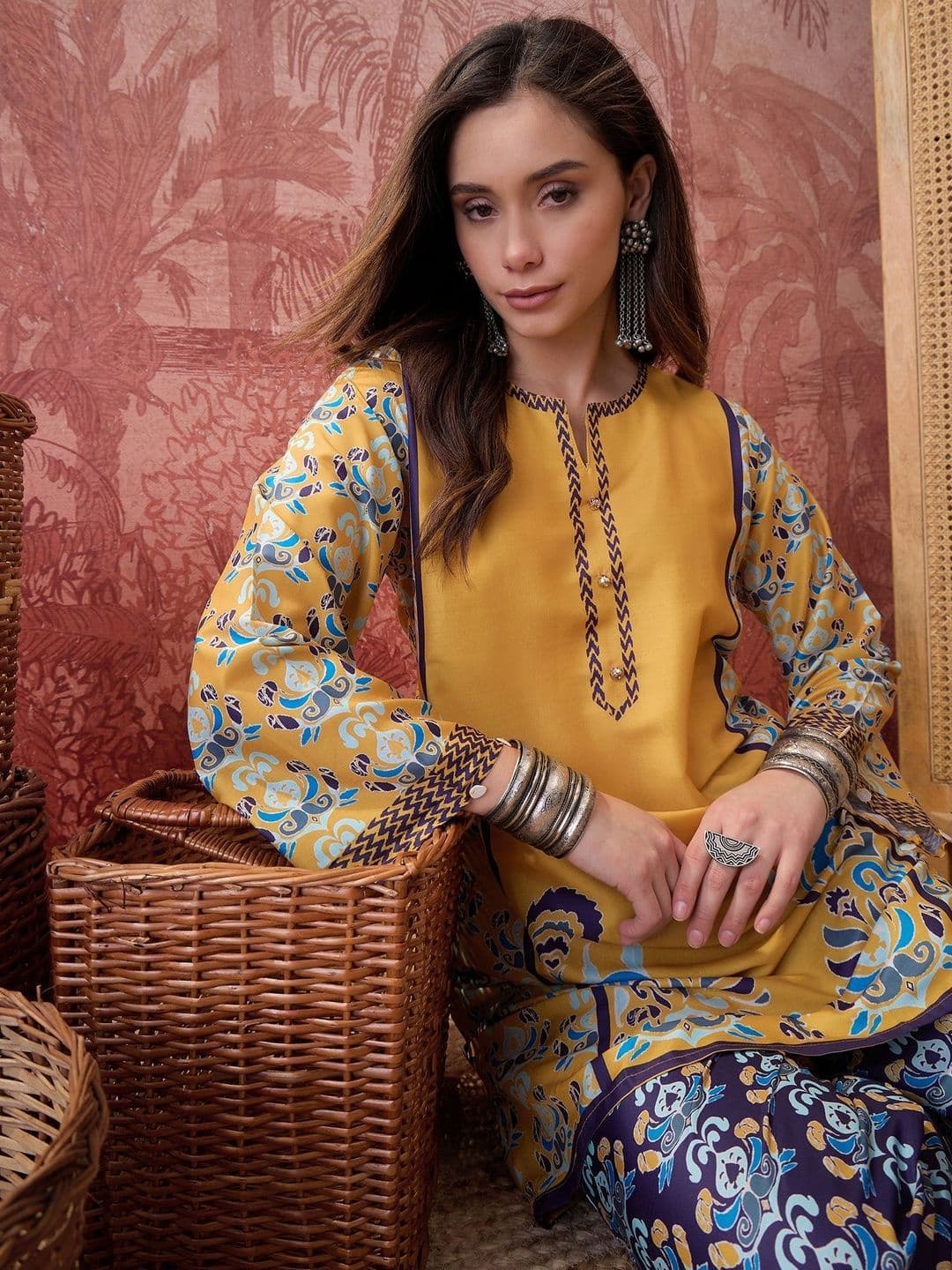 Sangria Printed V-Neck Tunic & Trousers Co-Ords - view 1