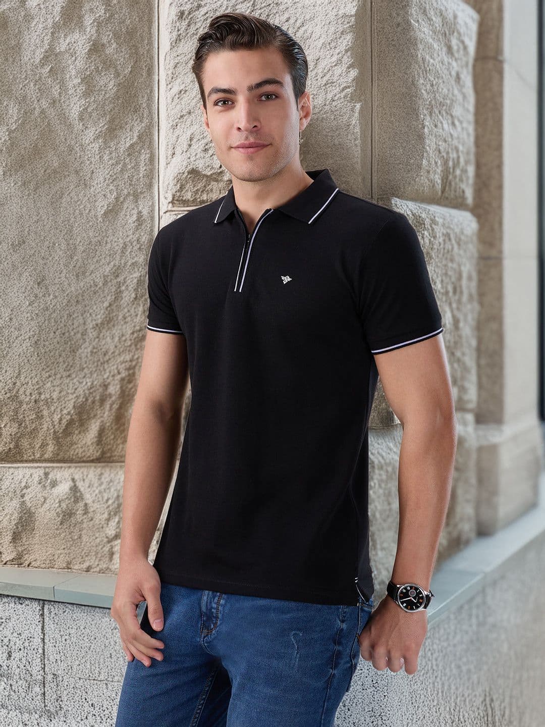 Status Quo Men Solid Regular Fit Zipper Polo T-Shirt - view 1