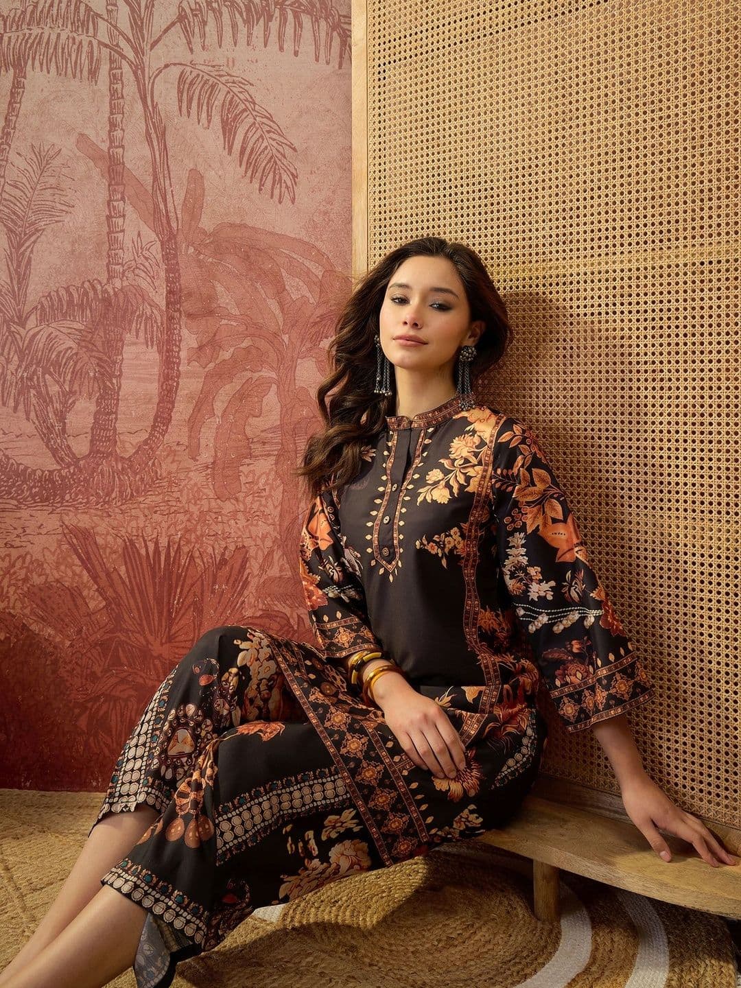 Sangria Printed Mandarin Collar Tunic & Trousers Co-Ords - view 1
