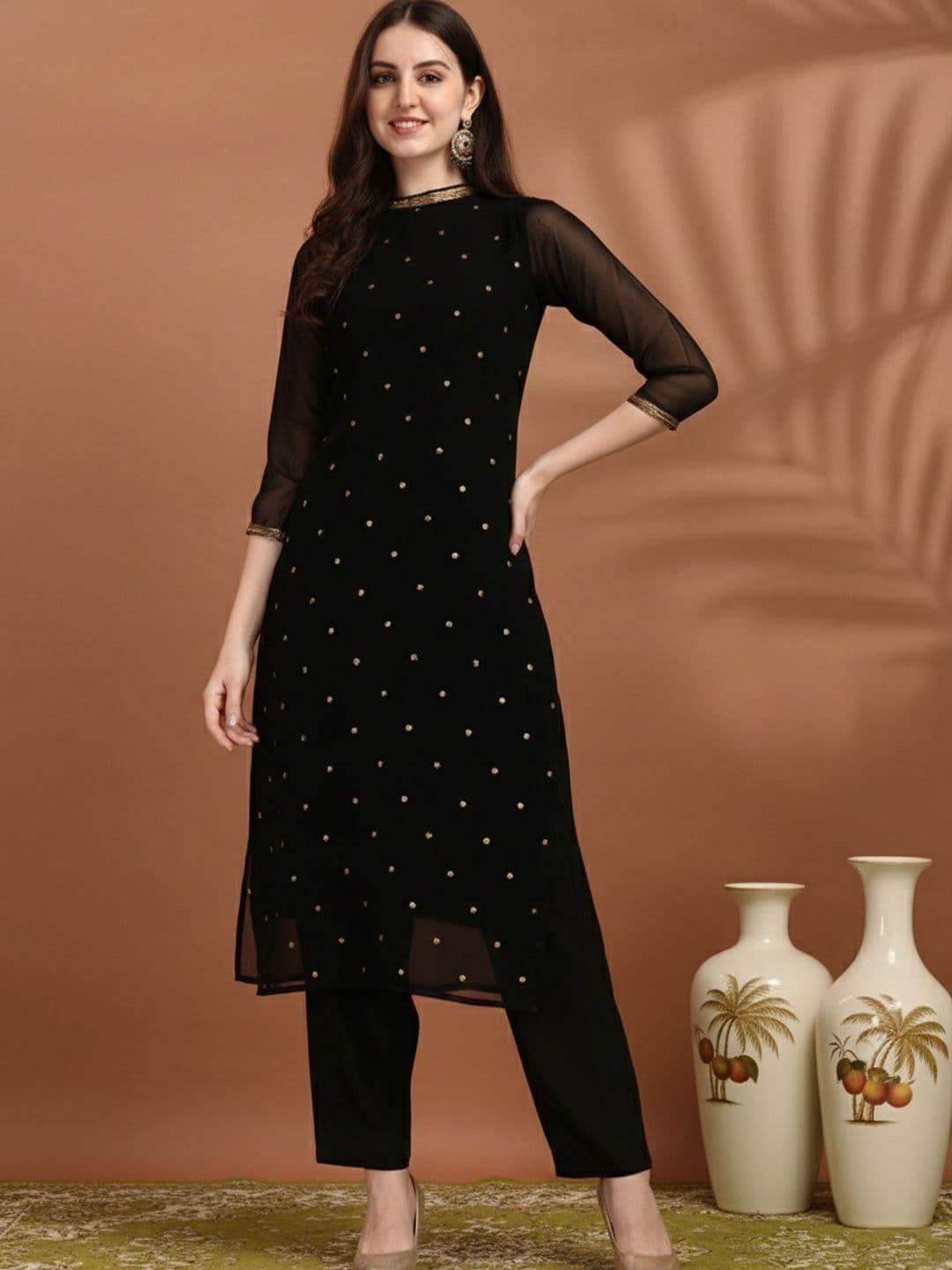 KALINI Sequin Embellished Straight Kurta with Trousers - view 1