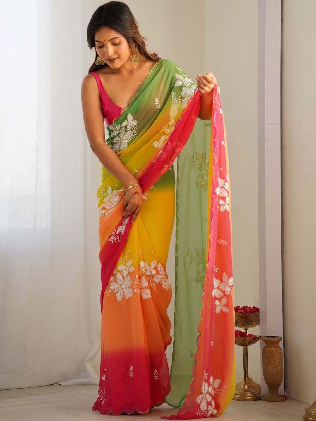 Urban Pallu Floral Embroidered Poly Georgette Designer Saree - view 1