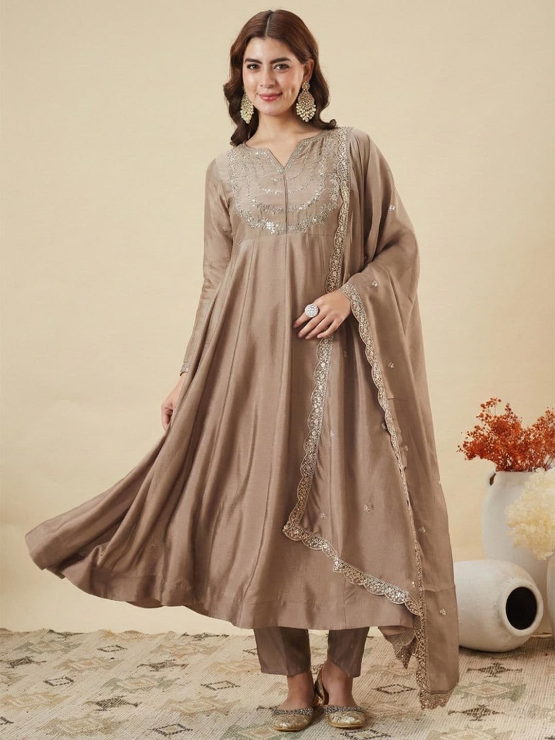 MOKOSH Women Silk Embroidered Anarkali Kurta And Pant Set With Dupatta - view 1