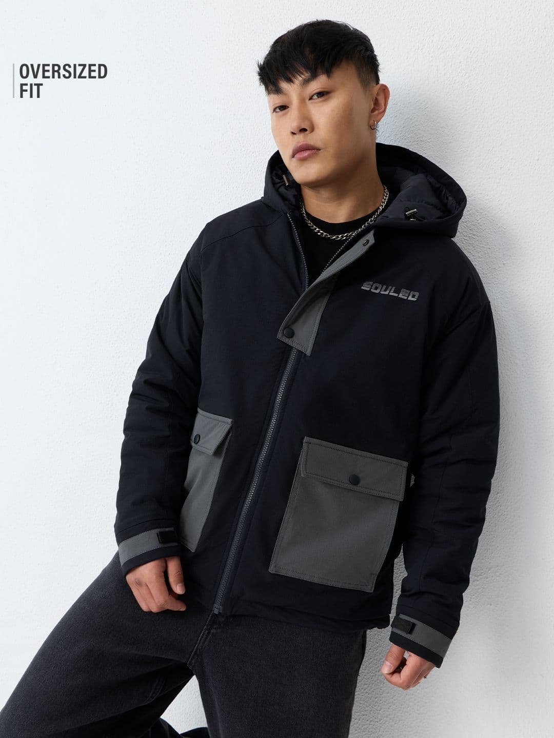 The Souled Store Men Oversized Fit Printed Black Puffer Jackets - view 1