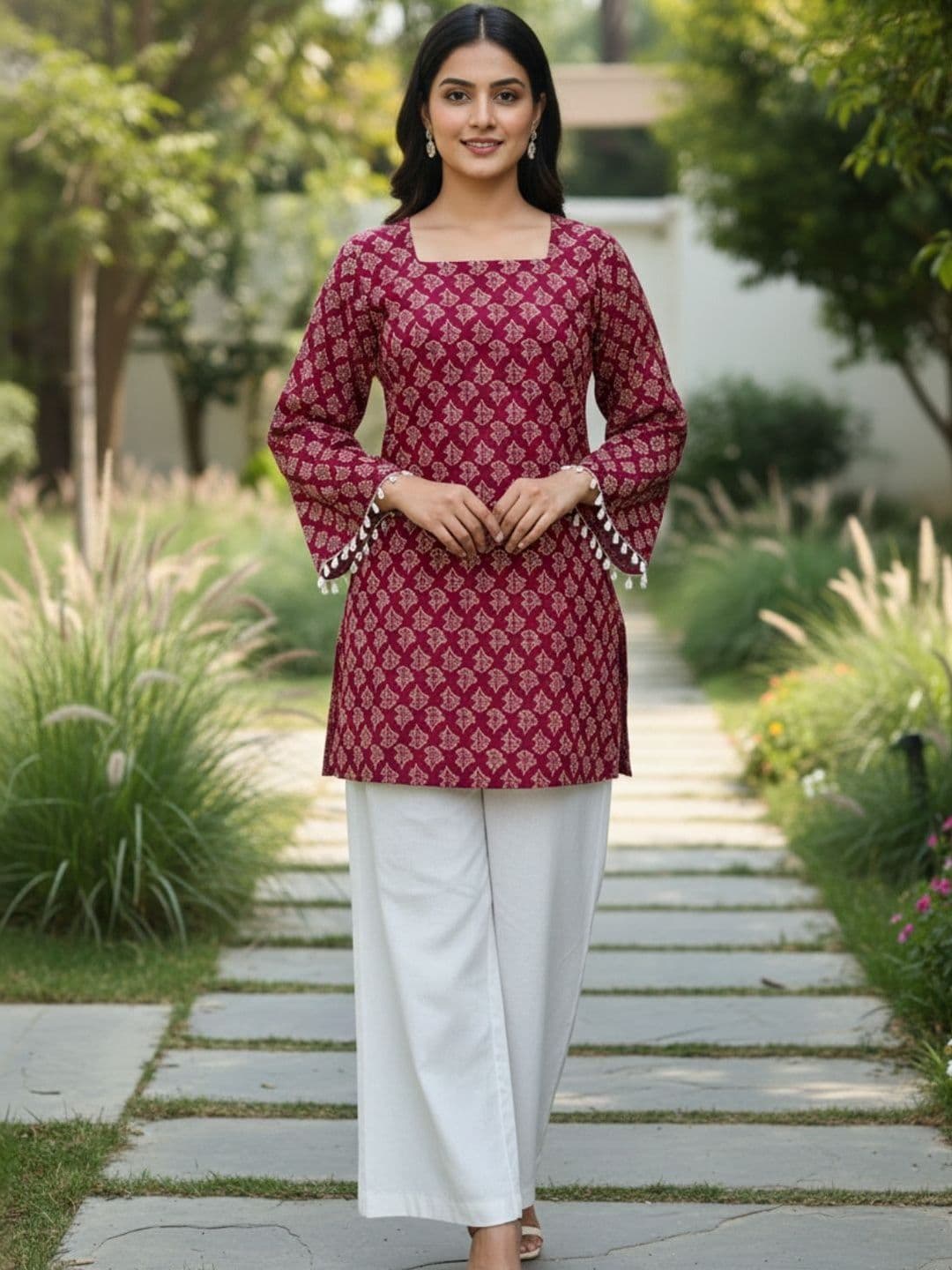 OZIA Ethnic Motifs Printed Square Neck Pure Cotton Kurti - view 1