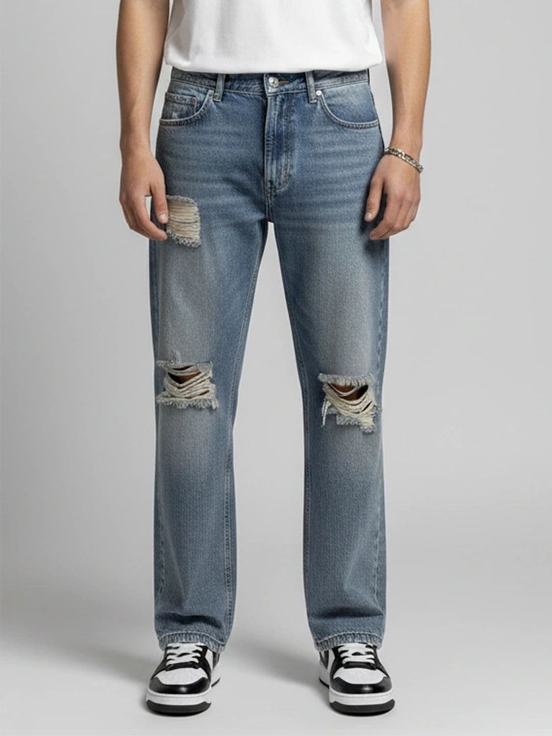 ANDREW HILL Men Wide Leg Mid-Rise Distressed Light Jeans - view 1