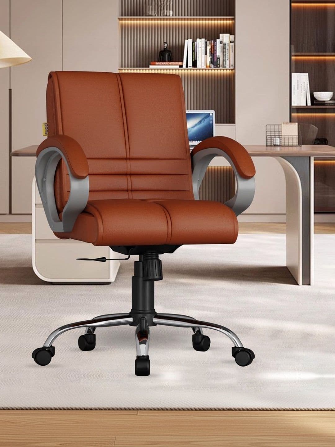 FUGO Tan-Brown & Grey Textured Adjustable Seat Height Study Arm Chair - view 1