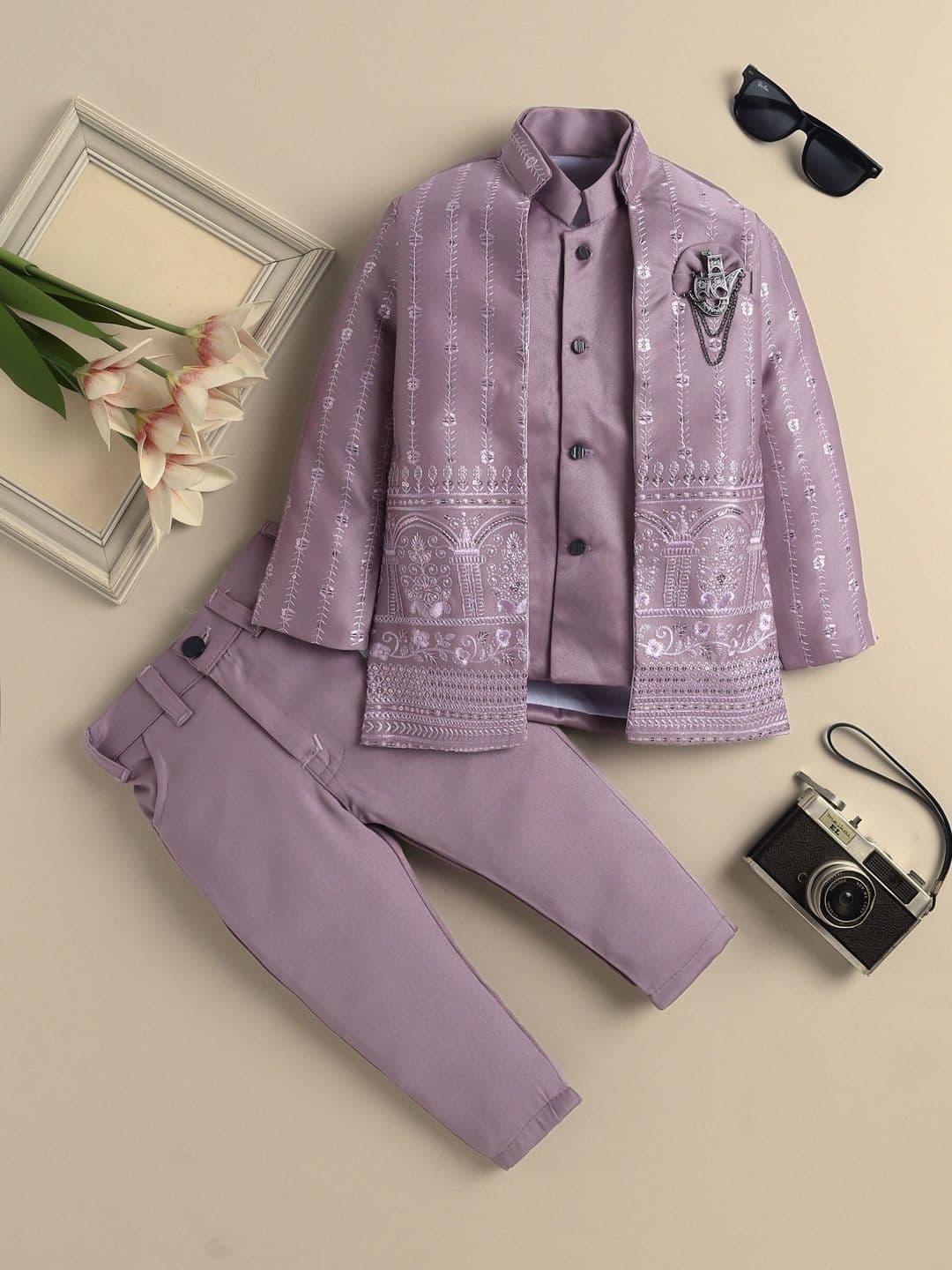 KALINI Boys Floral Embroidered Mandarin Collar Sherwani Set - view 1