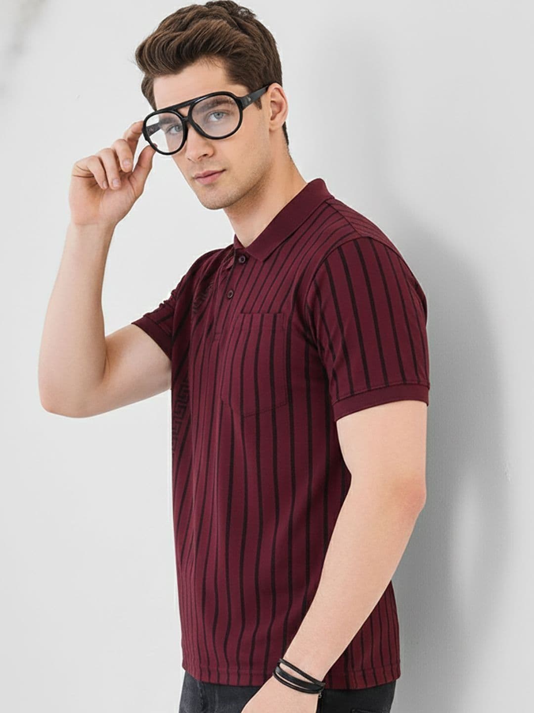 OAKWYN Men Striped Polo Collar Pockets T-shirt - view 1