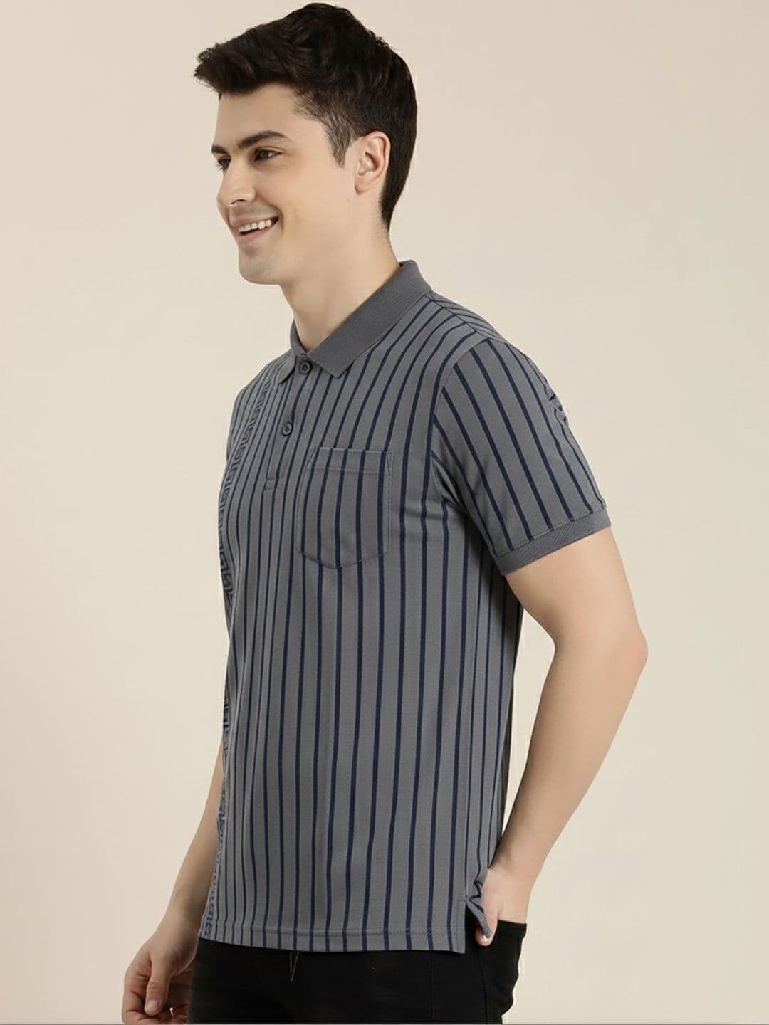 OAKWYN Men Striped Polo Collar Pockets T-shirt - view 1