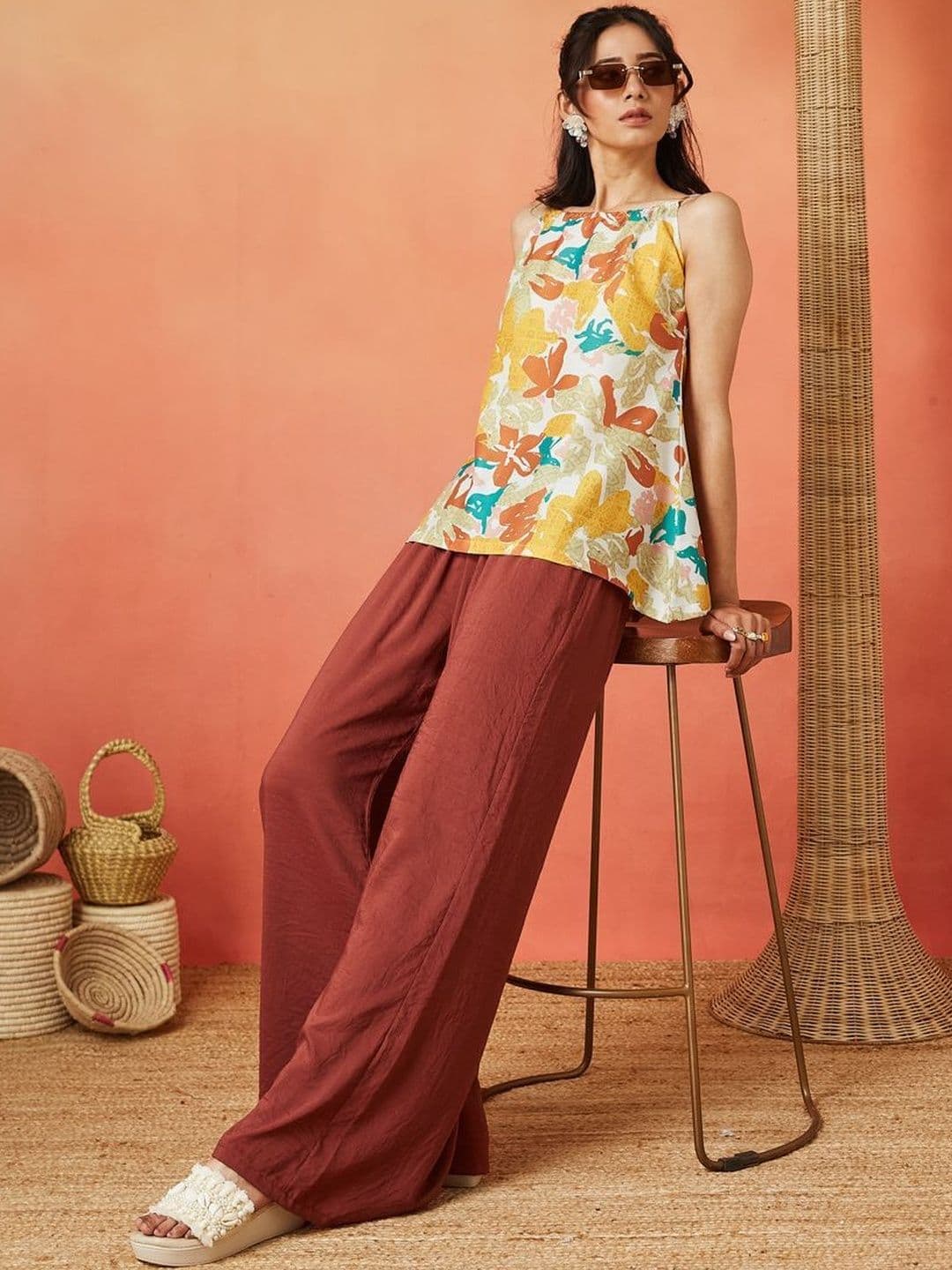 Sangria FUZN Printed Shoulder Straps Tunic & Palazzos Co-Ords - view 1