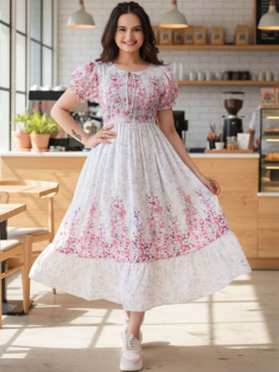 QENA Floral Print Puff Sleeve A-Line Rayon Midi Dress - view 1