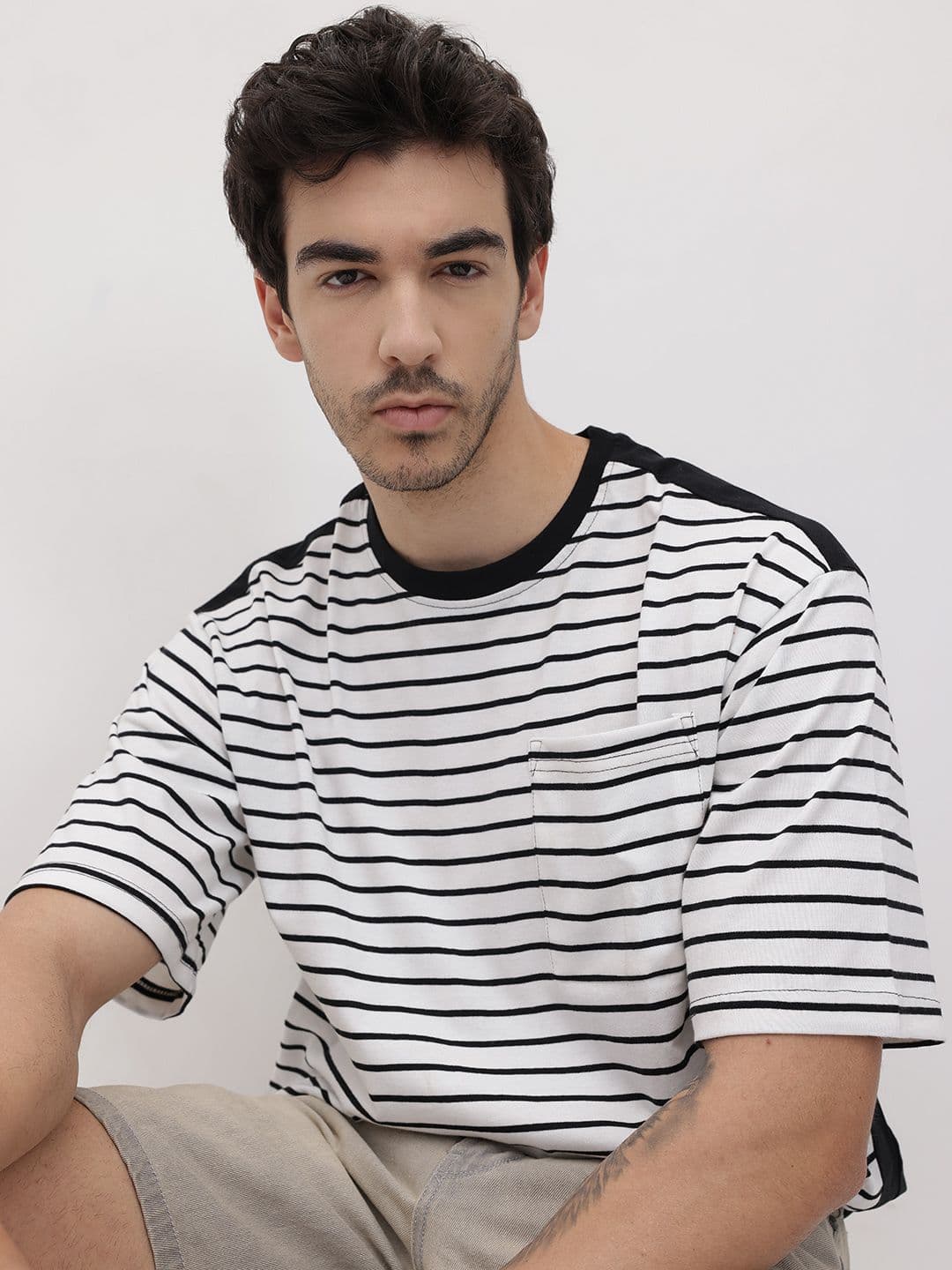 The Roadster Life Co. Striped Drop-Shoulder Sleeves Relaxed T-shirt - view 1