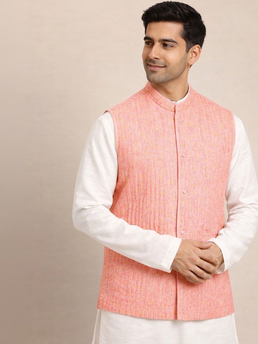 Mast & Harbour Men Peach Solid Nehru Jacket - view 1