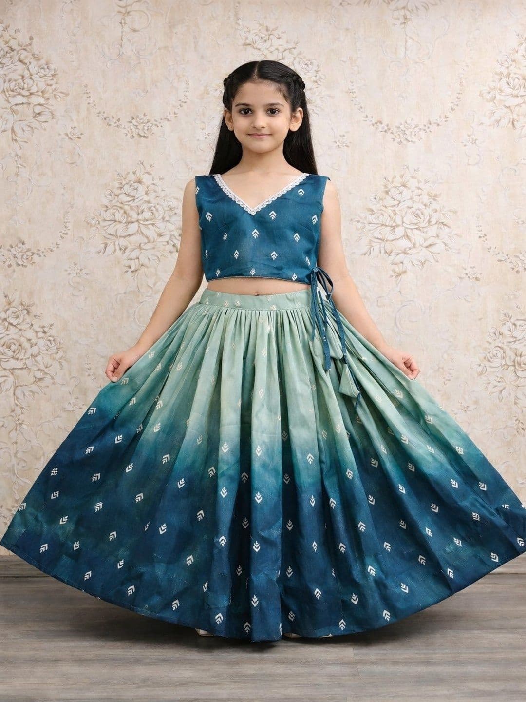 Helene Girls Ombre Printed Readymade Lehenga Choli with V-Neck Sleeveless Blouse - view 1