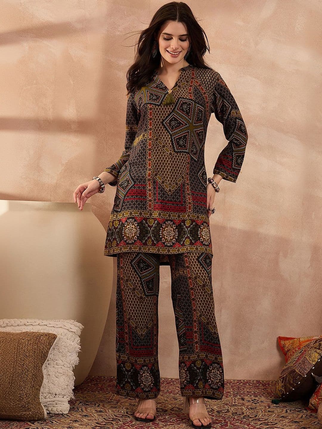 KALINI Printed Mandarin Collar Top & Trousers Co-Ords - view 1