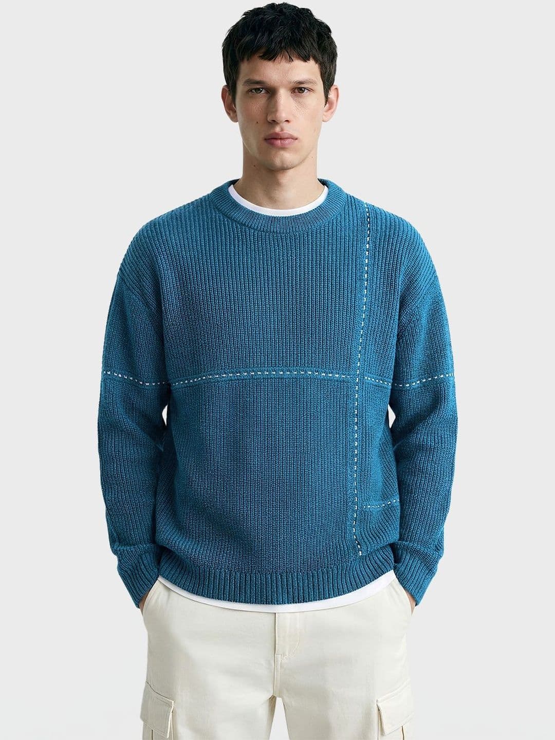 The Indian Garage Co Men Colourblocked Ribbed Pullover with Embroidered Detail - view 1