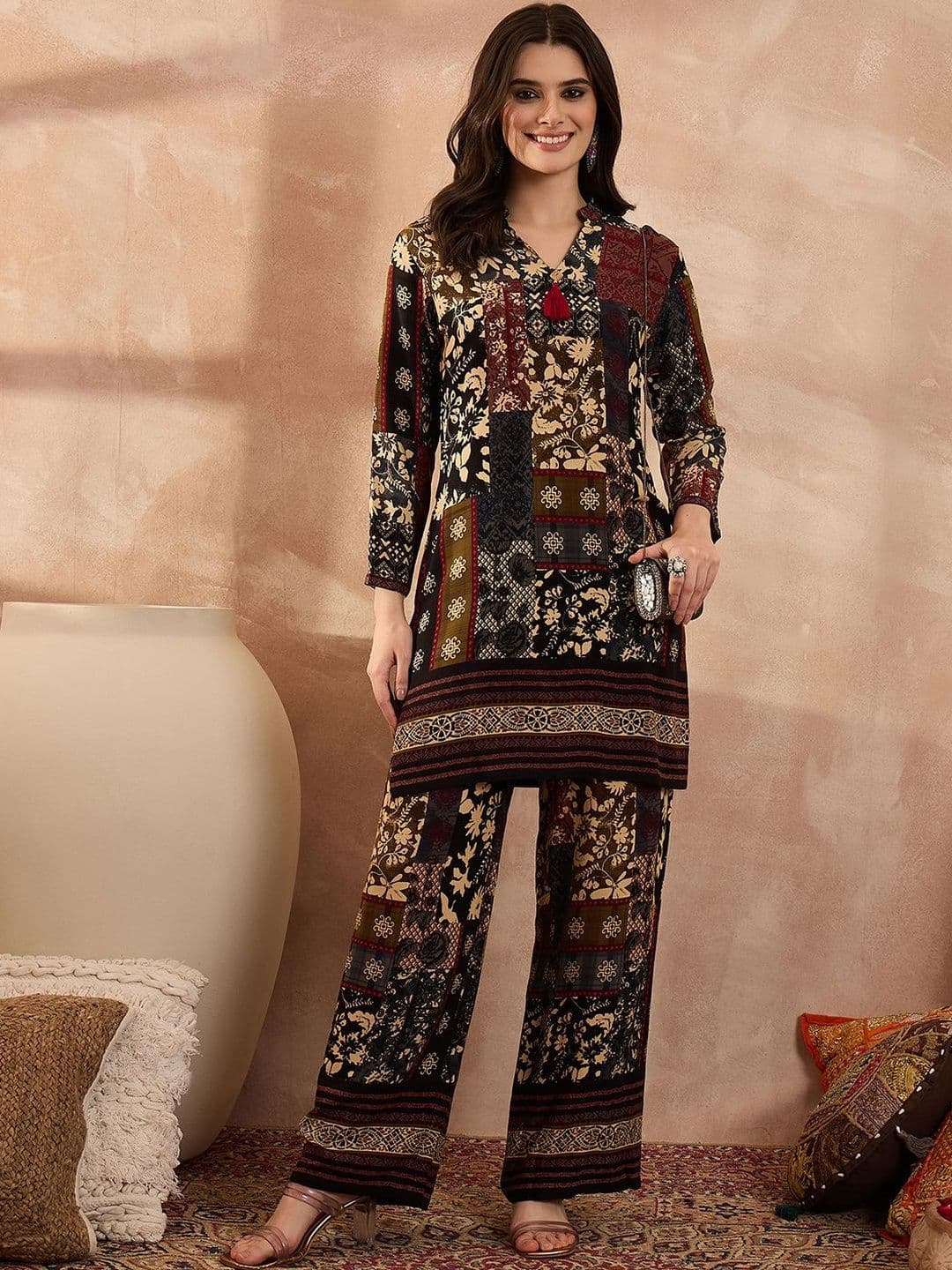 KALINI Printed Mandarin Collar Top & Trousers Co-Ords - view 1