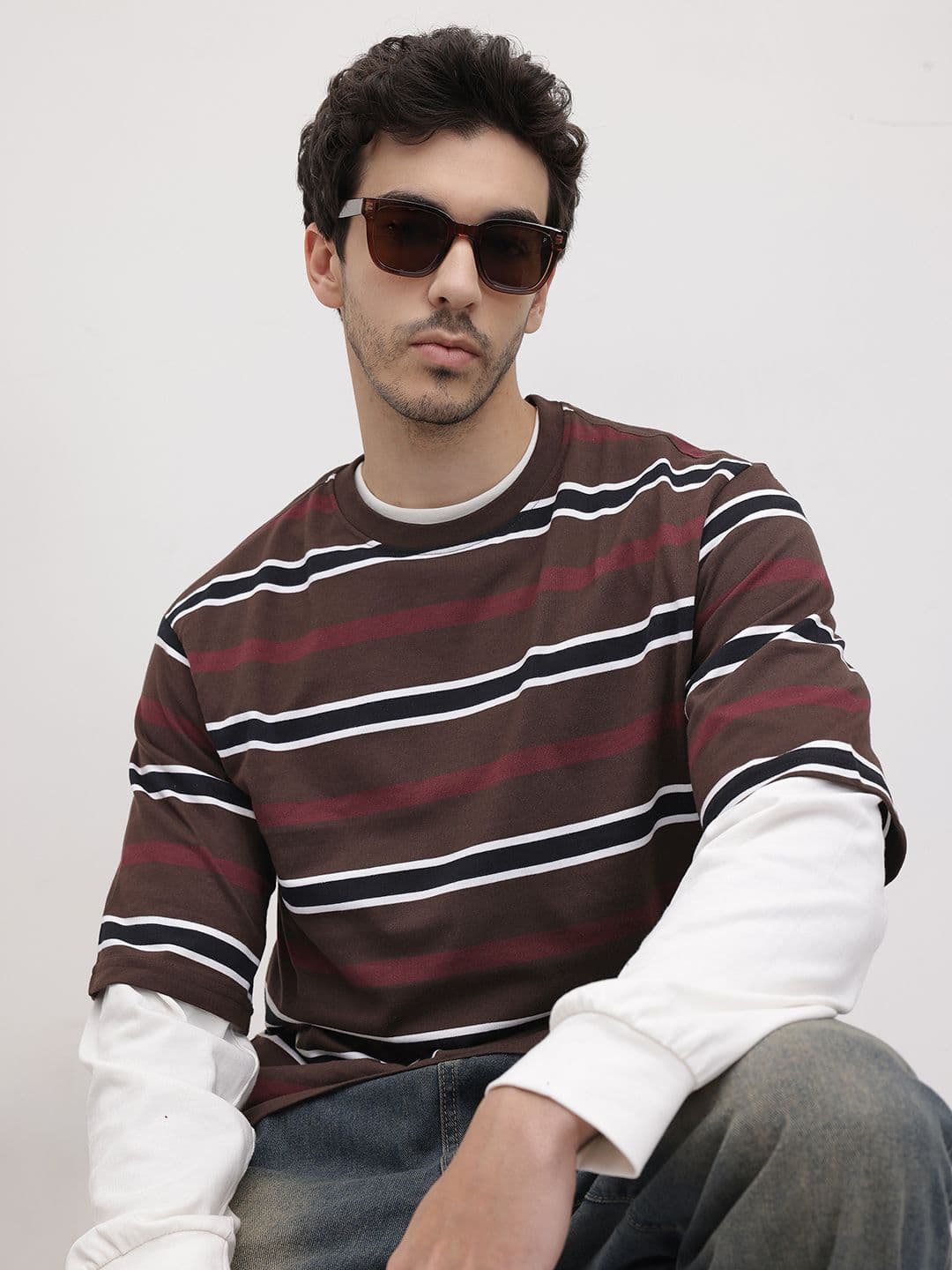 The Roadster Life Co. Striped Drop-Shoulder Sleeves Oversized T-shirt - view 1