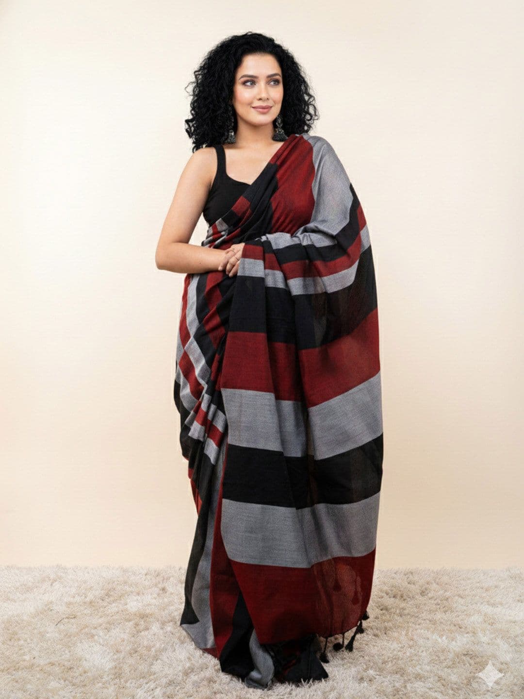 SHYAMALI BOUTIQUE Striped Pure Cotton Block Print Saree - view 1
