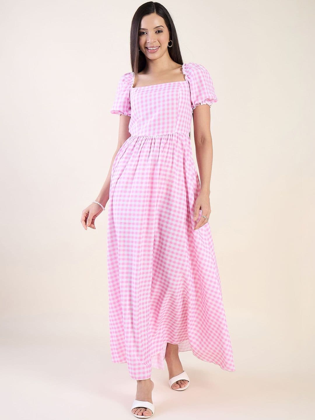 aayu Checked Puff Sleeve Fit & Flare Maxi Dress - view 1