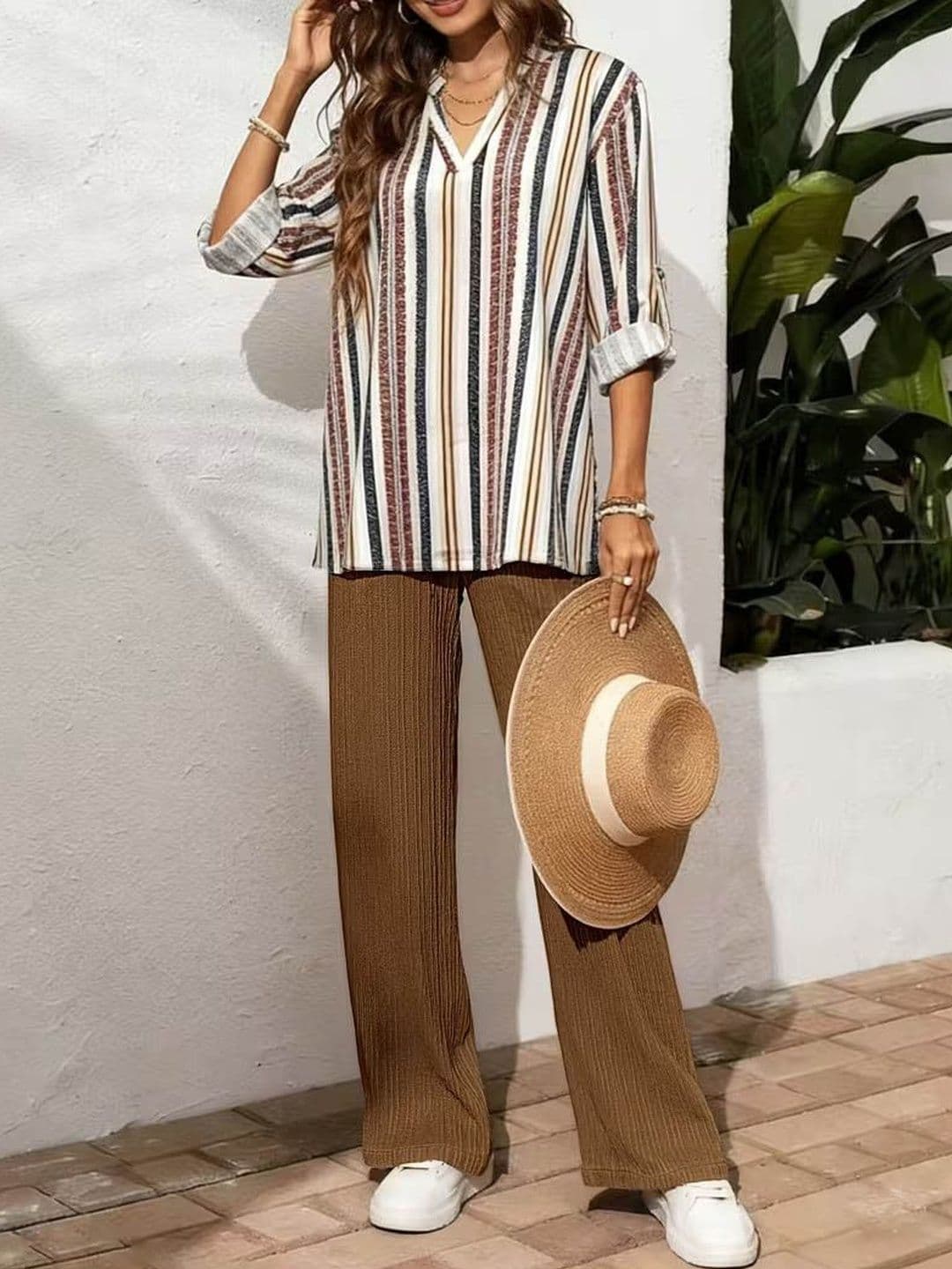 SCDC EXIM Striped V-Neck Top & Trousers Co-Ords - view 1