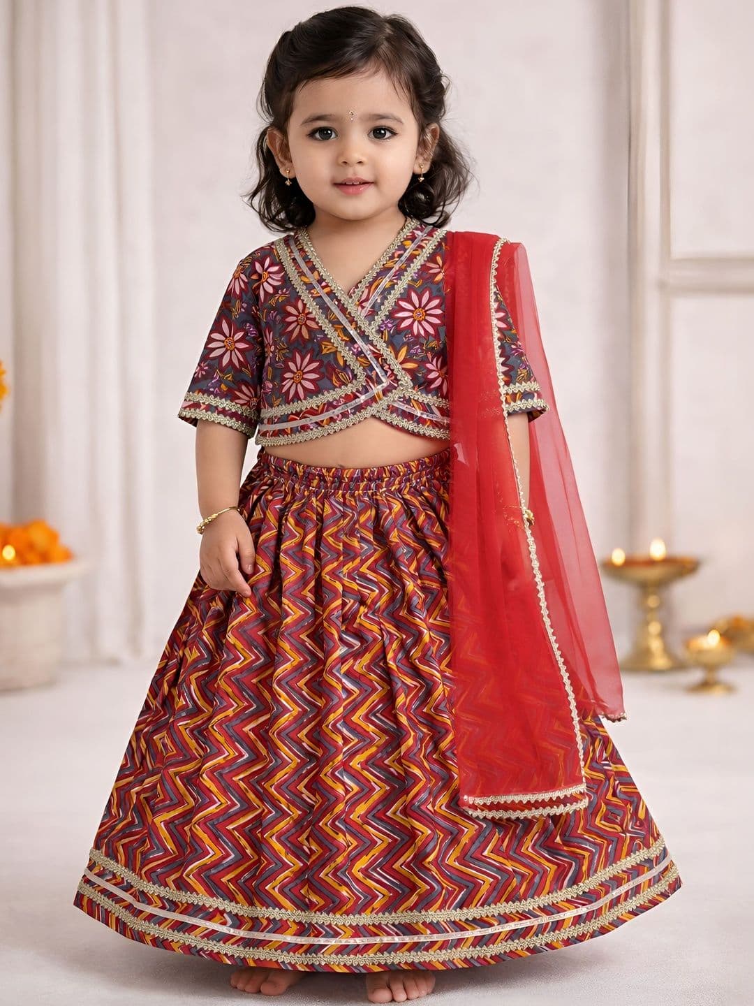 BAESD Girls Printed Thread Work Ready to Wear Lehenga & Blouse With Dupatta - view 1