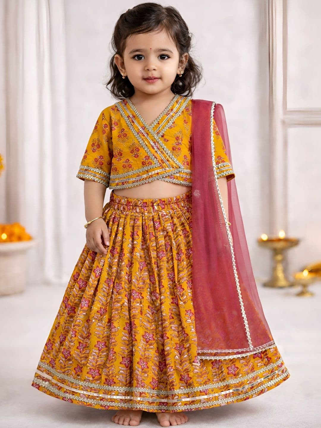 BAESD Girls Printed Block Print Ready to Wear Lehenga & Blouse With Dupatta - view 1