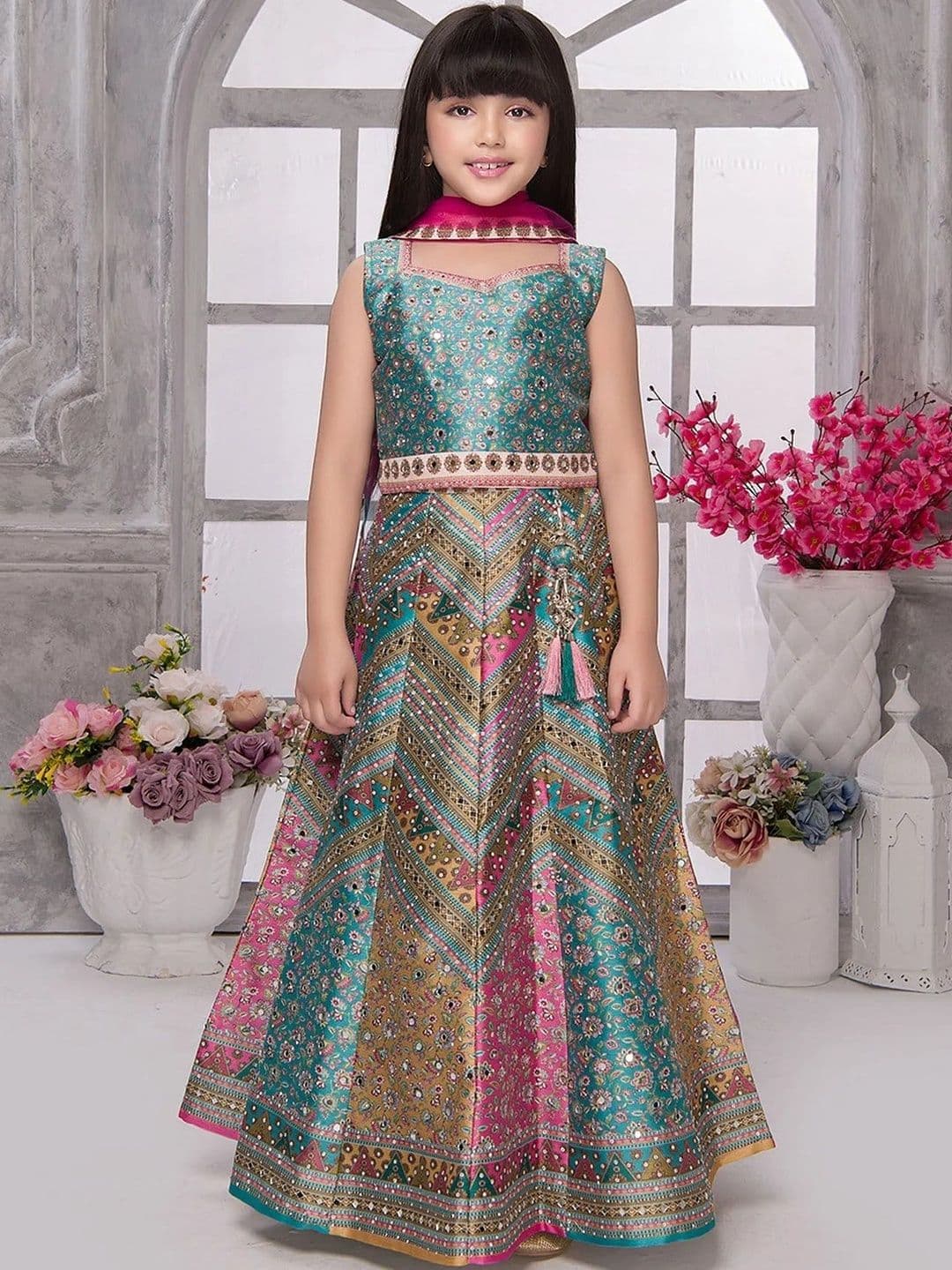 YK Girls Embellished Mirror Work Ready to Wear Lehenga & Blouse With Dupatta - view 1
