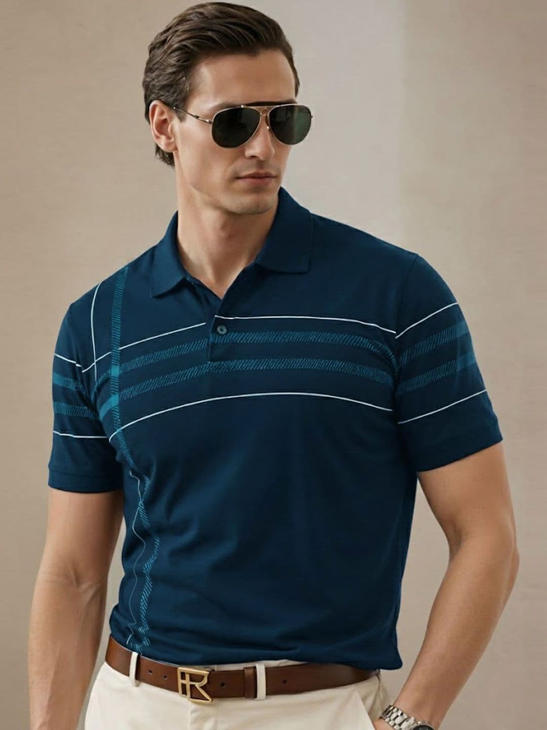 ADRO Men Striped Polo Collar T-shirt - view 1