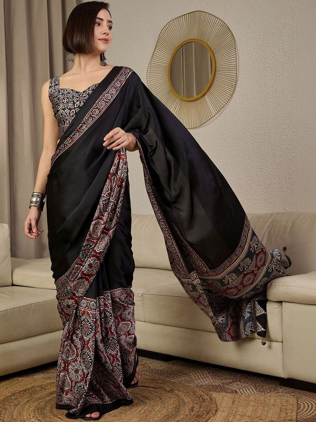 Anouk Ethnic Motifs Ajrak Pure Crepe Ready to Wear Block Print Saree - view 1