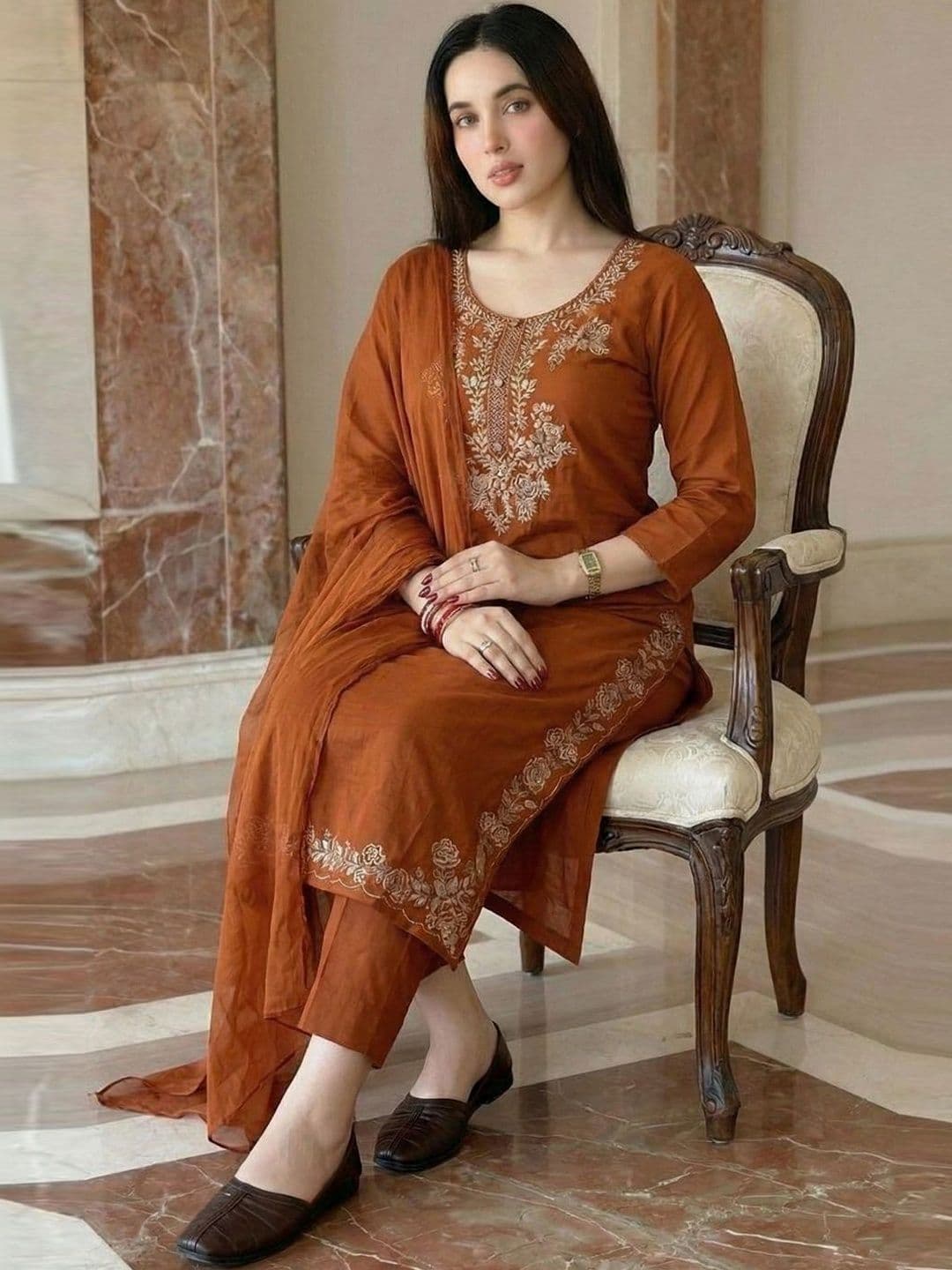 Aaghnya Women Ethnic Motifs Embroidered Regular Thread Work Kurta with Trousers & With Dupatta - view 1