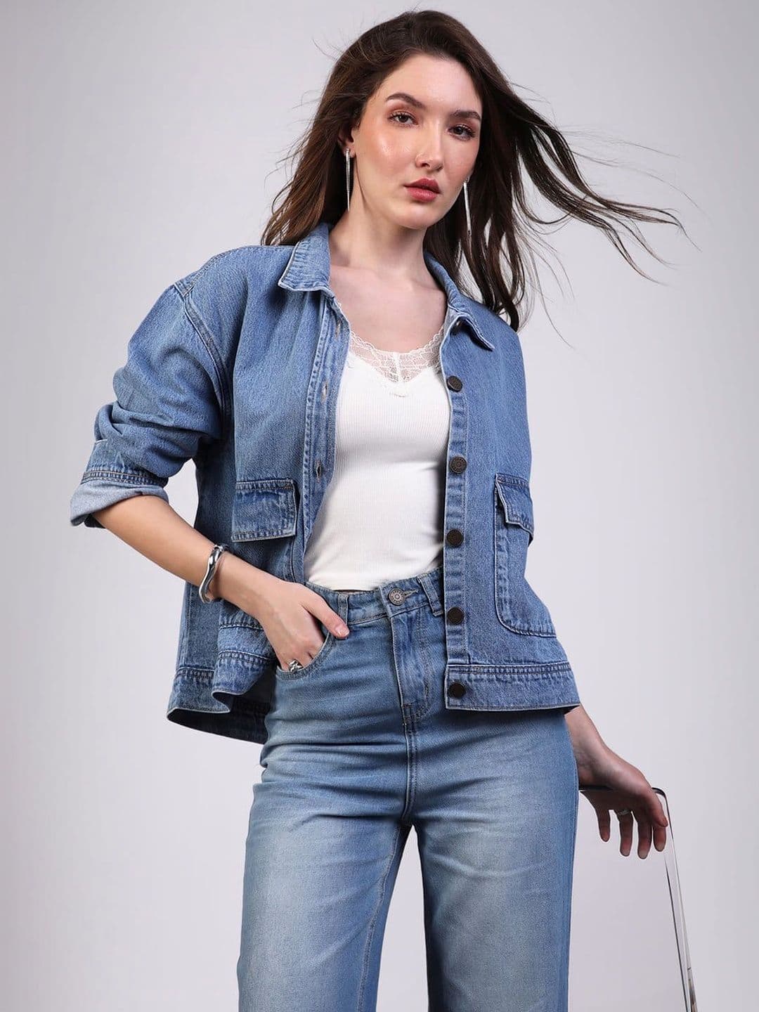 Urbano Fashion Women Light Blue Relaxed Fit Full Sleeve Utility Denim Jacket - view 1