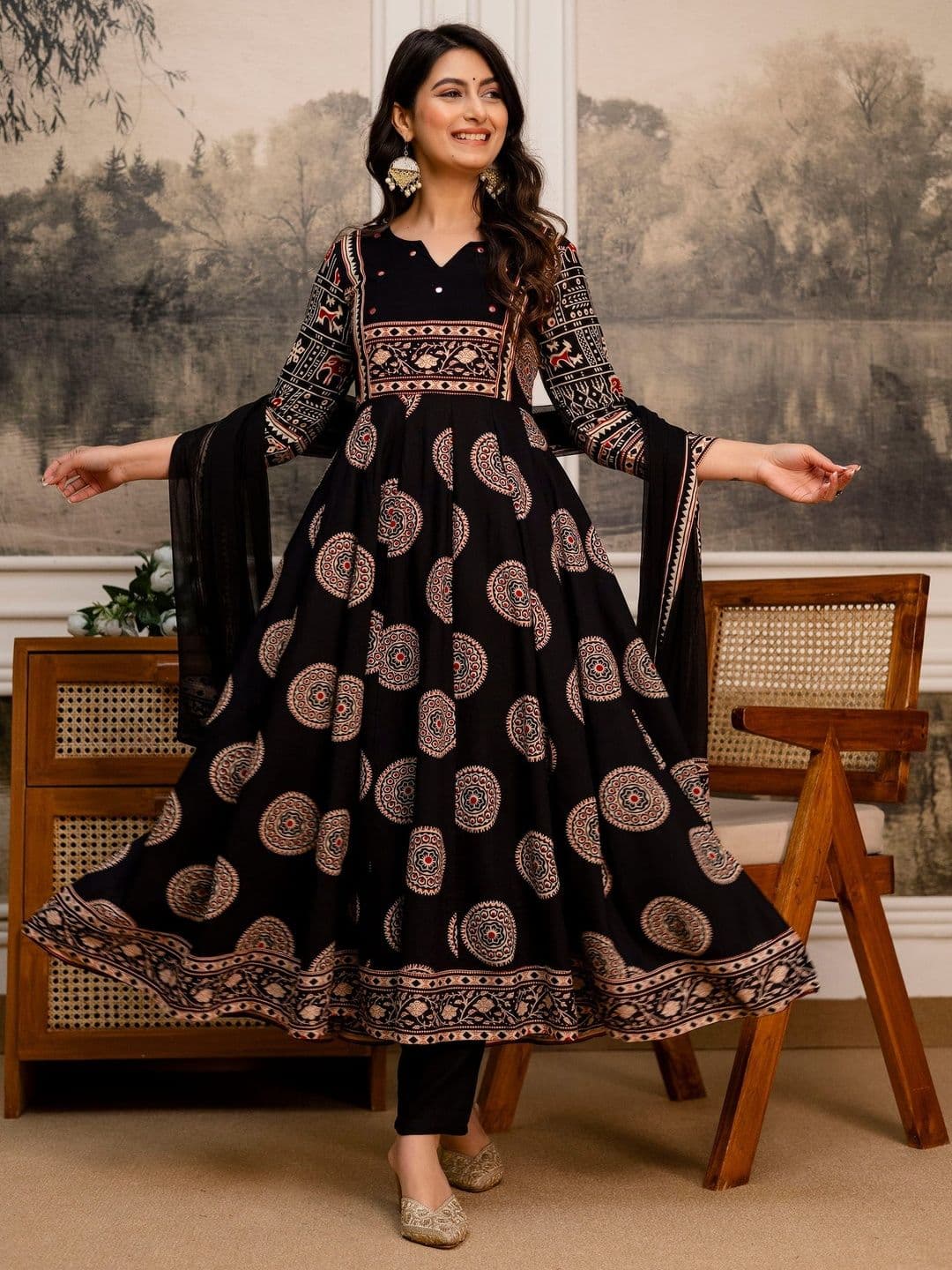 Berrylicious Women Ethnic Motifs Printed Panelled Mirror Work Kurta with Trousers & With Dupatta - view 1