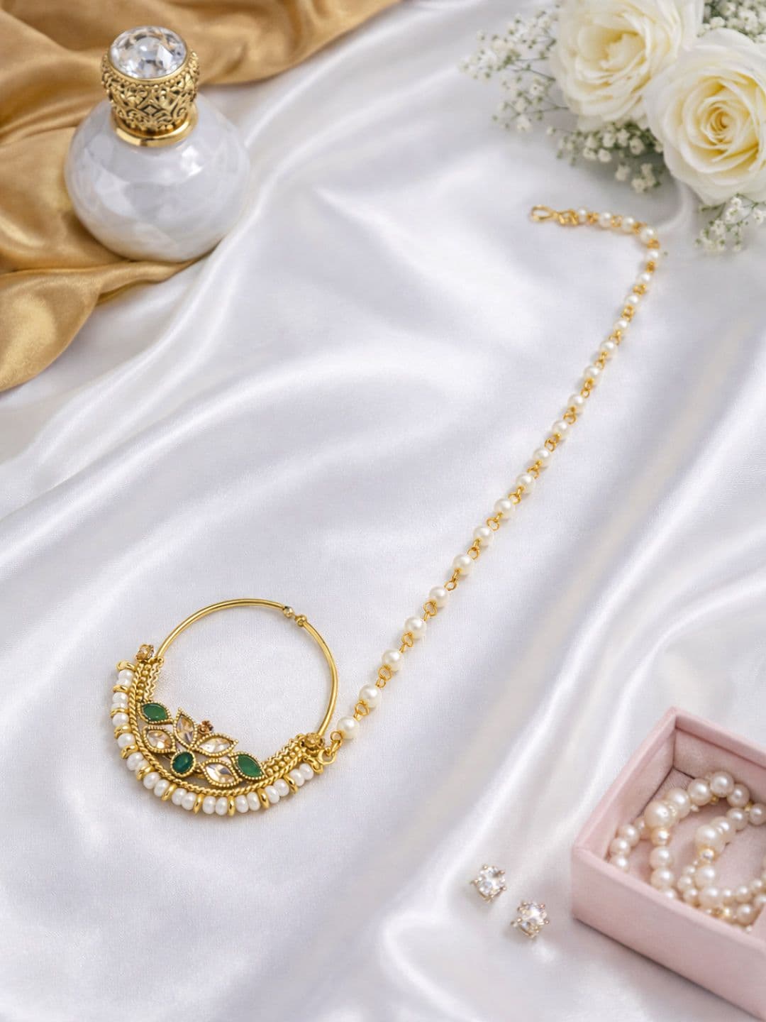 I Jewels Green & Off-White Antique Gold-Plated Pearl Studded Beaded Chained Nose Ring - view 1