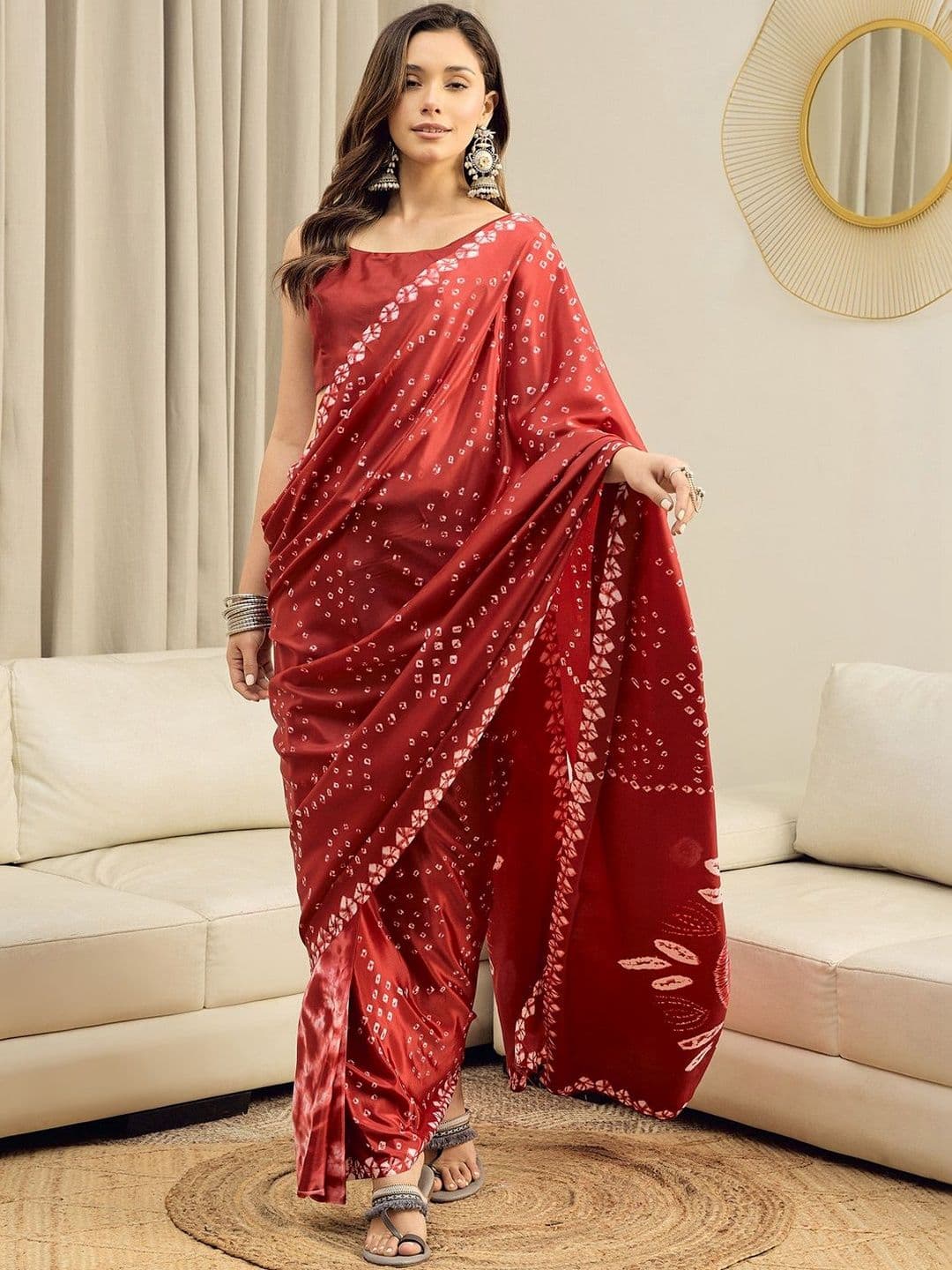 Sangria Bandhani Printed Pure Crepe Ready to Wear Saree With Unstitched Blouse - view 1