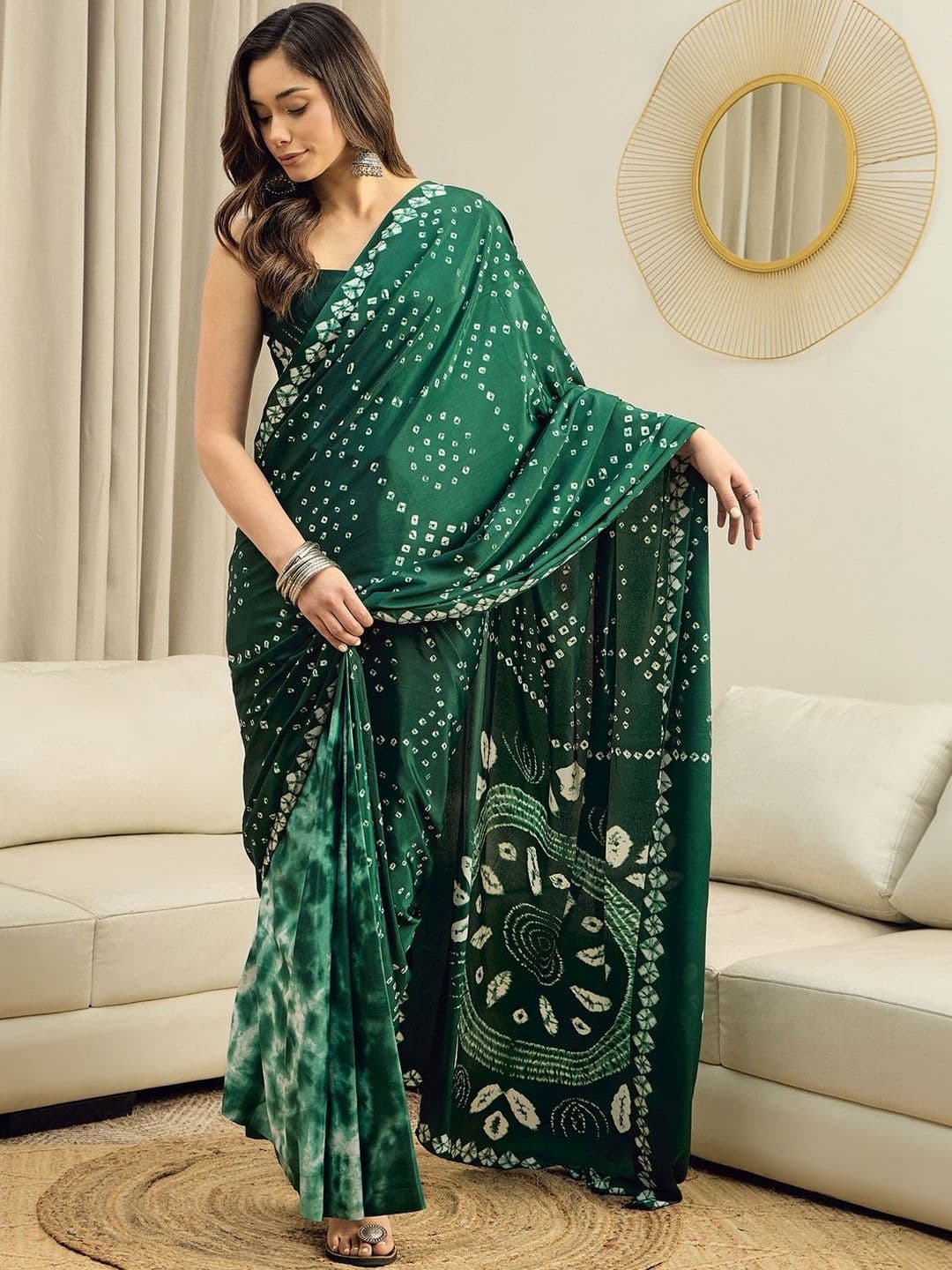 Sangria Bandhani Printed Pure Crepe Ready to Wear Saree With Unstitched Blouse - view 1