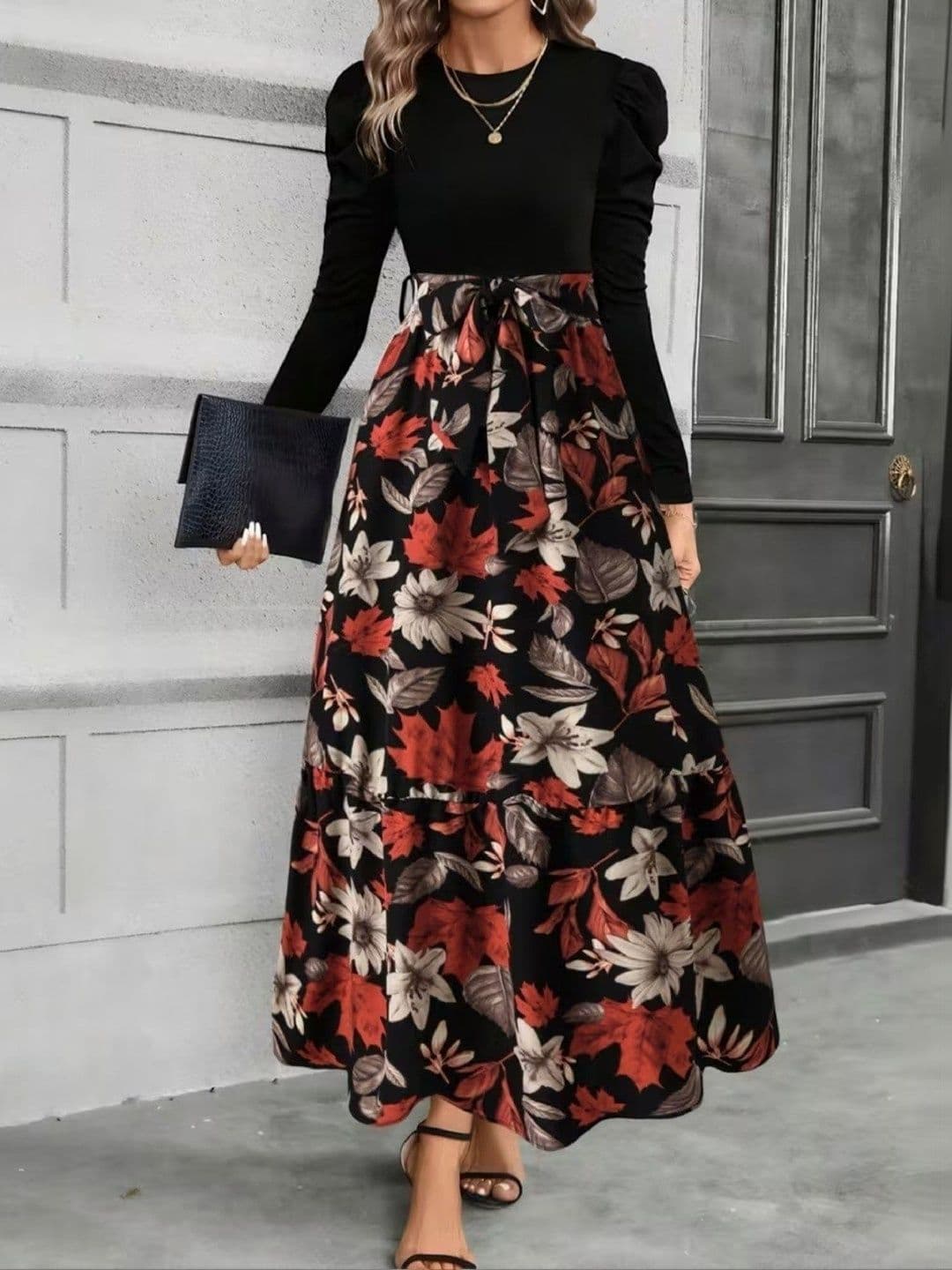 SHYAM SUNDARI Floral Print Puff Sleeve A-Line Maxi Dress - view 1