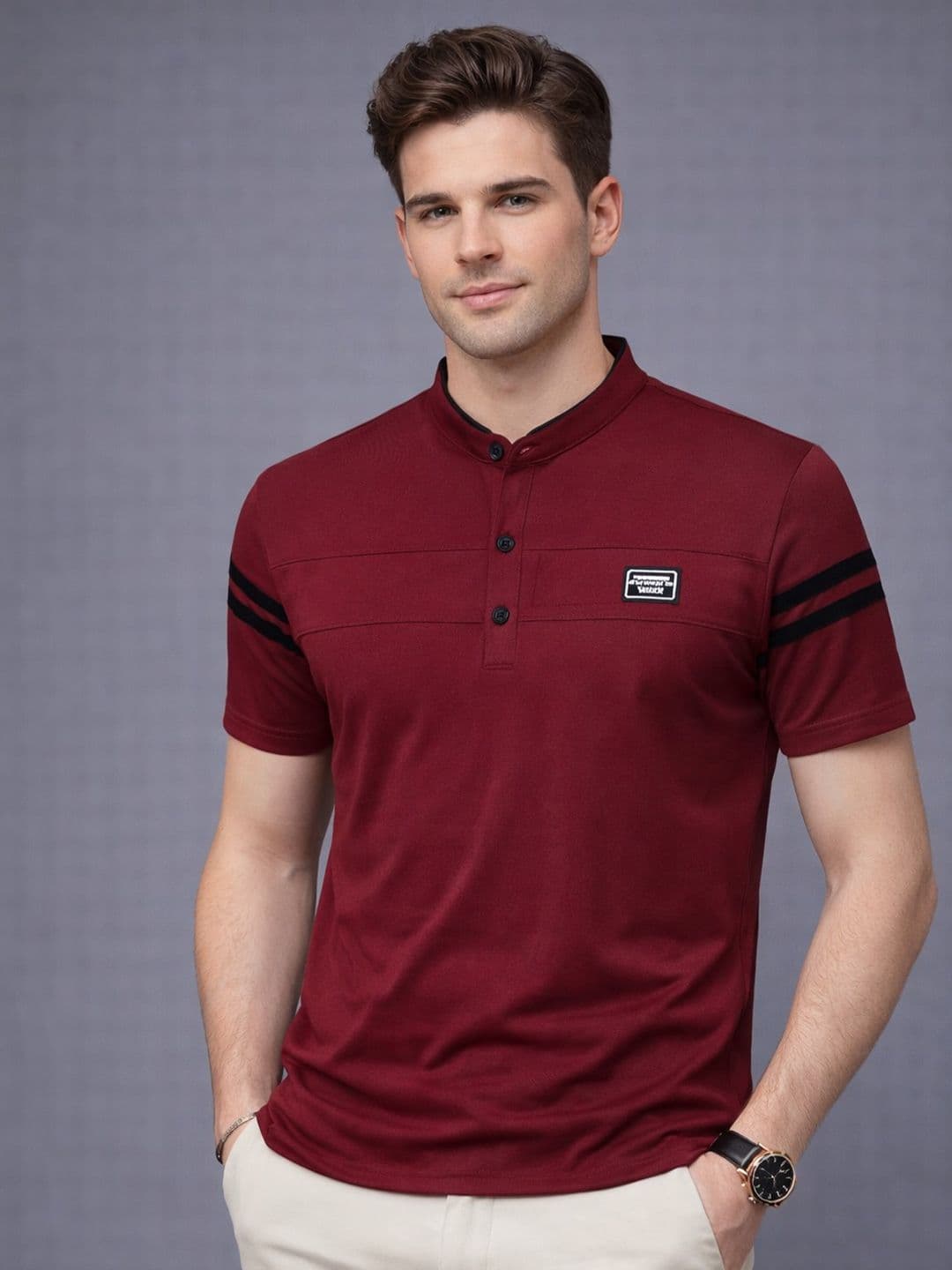Rizim Men Striped Mandarin Collar Pockets Slim Fit T-shirt - view 1