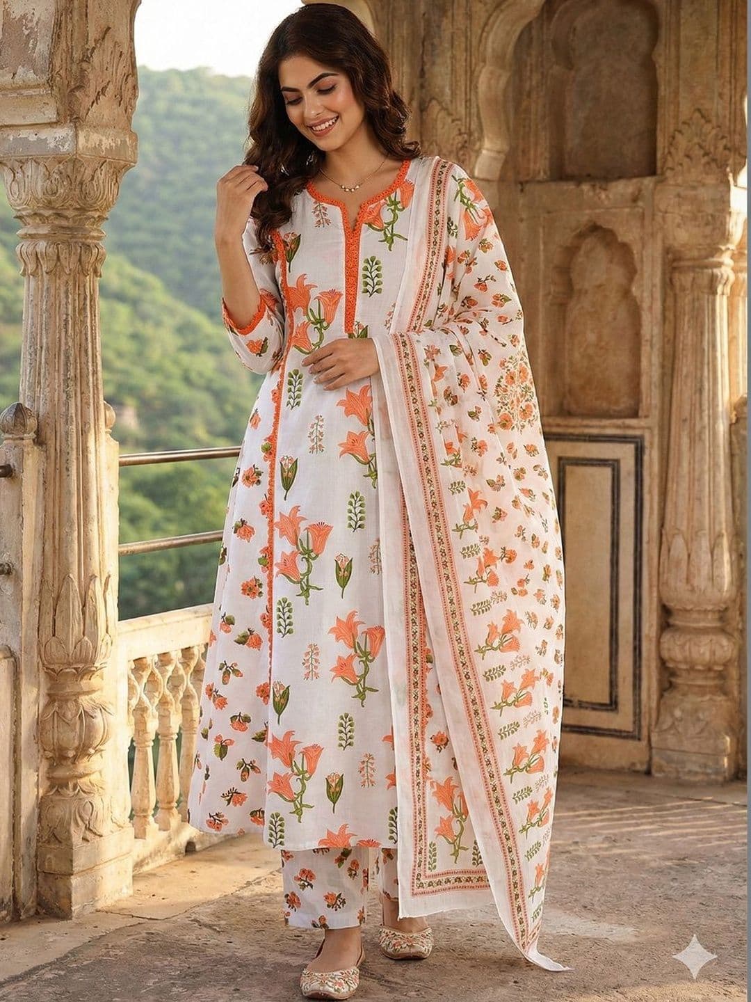 Anouk Women Floral Printed Regular Pure Cotton Kurta with Trousers & With Dupatta - view 1