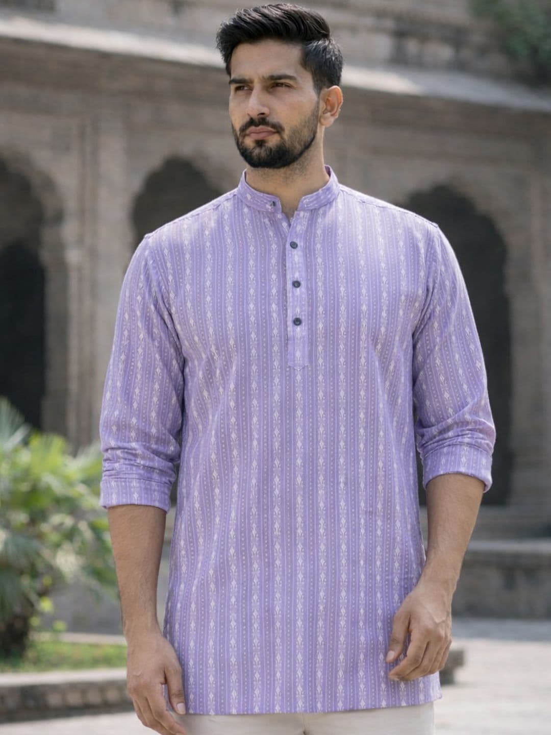 LADSLOOM Striped Embroidered Mandarin Collar Thread Work Pure Cotton Straight Short Kurta - view 1
