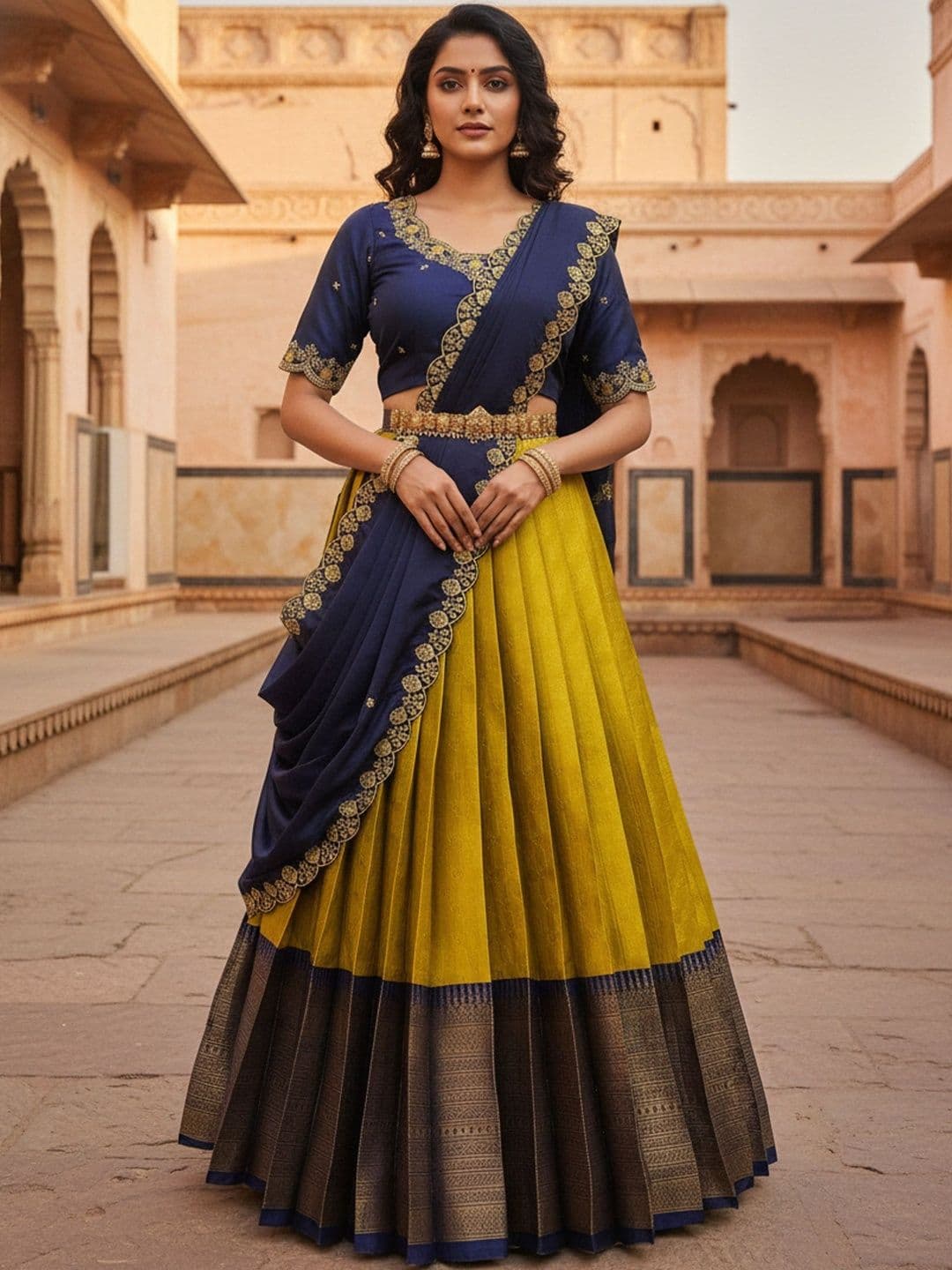 Pink Bindi Embroidered Unstitched Lehenga & Blouse With Dupatta - view 1