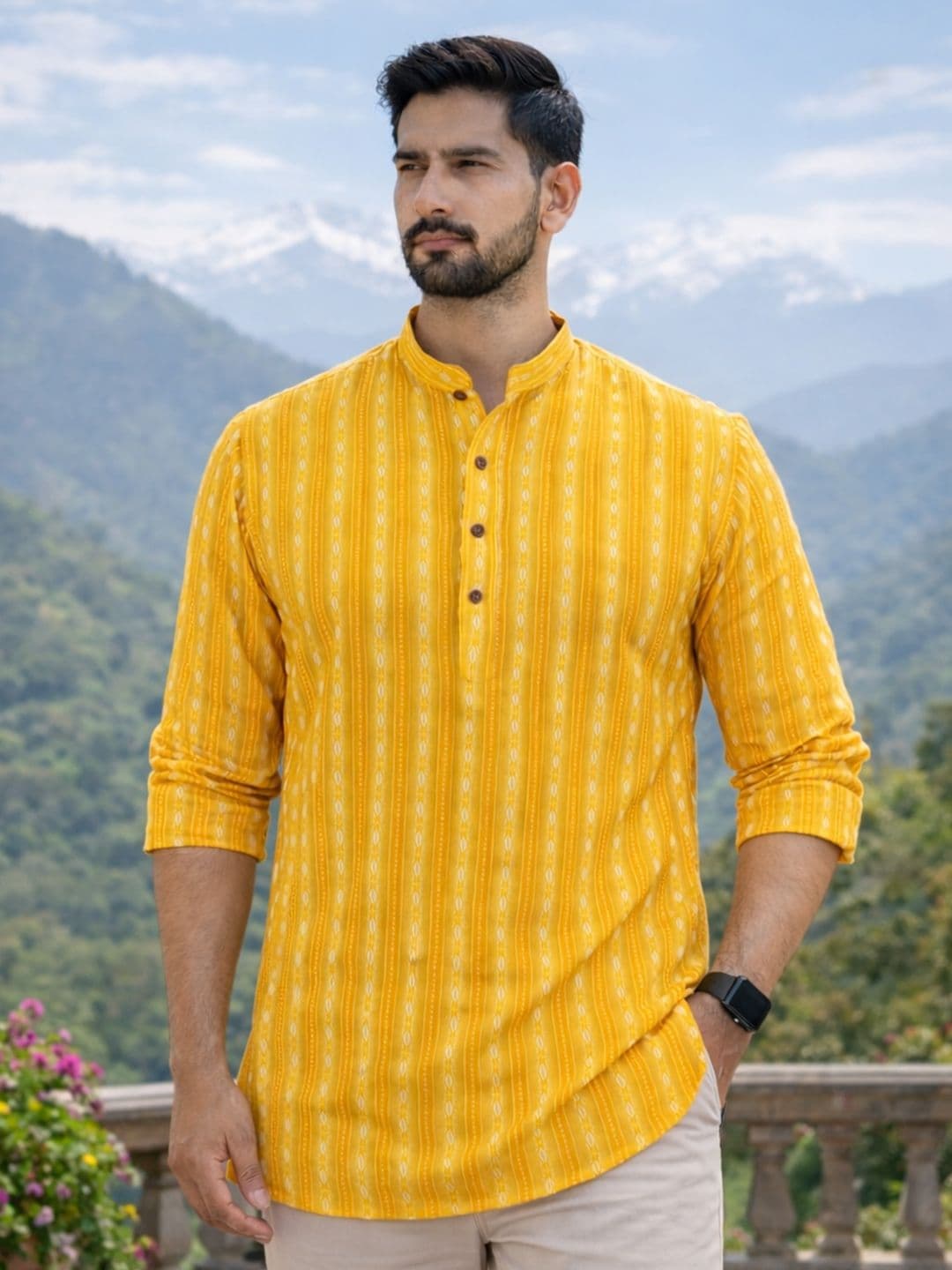 LADSLOOM Men Yellow Striped Mandarin Collar Cotton Kurta - view 1