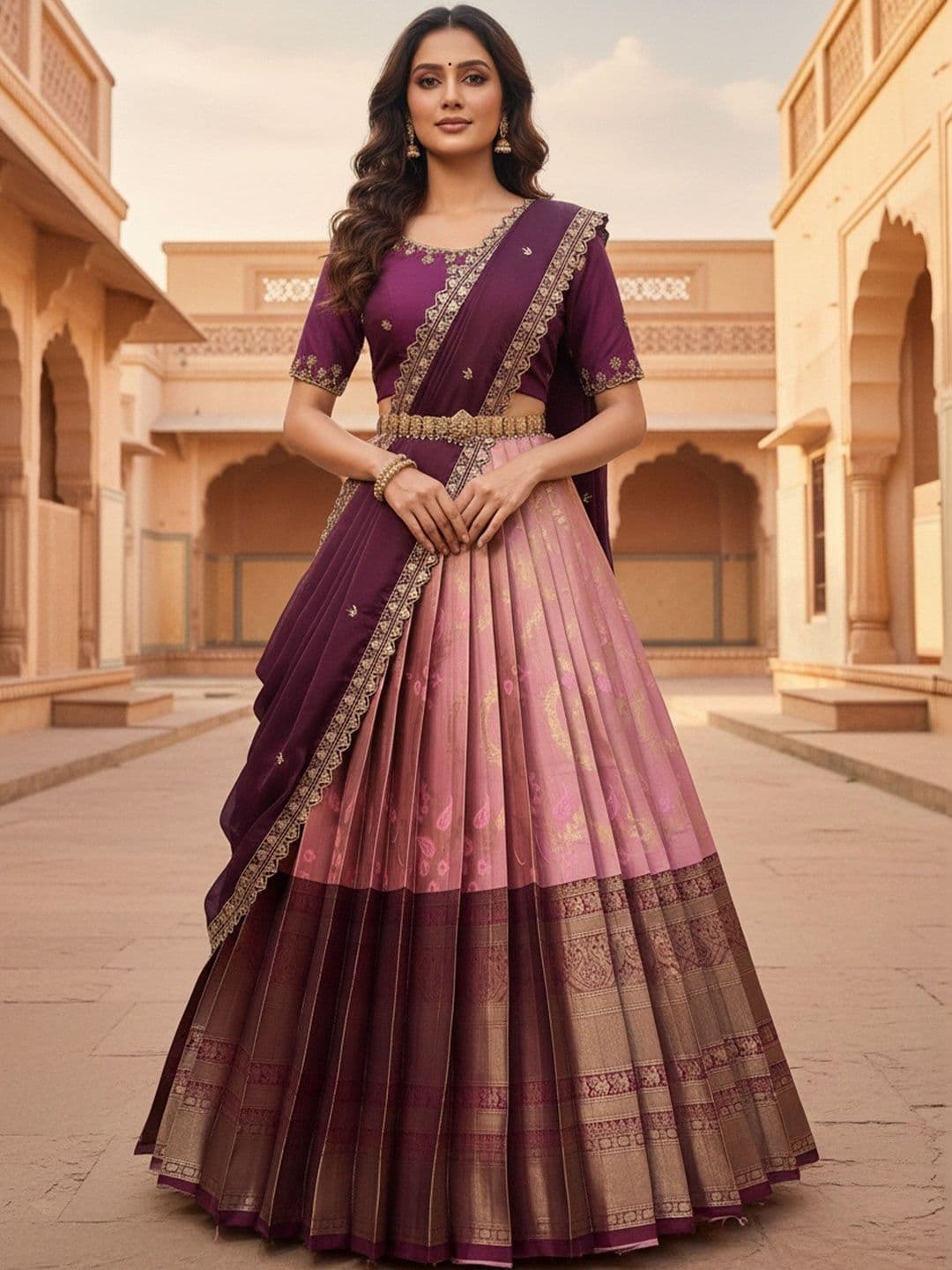 Pink Bindi Embroidered Unstitched Lehenga & Blouse With Dupatta - view 1