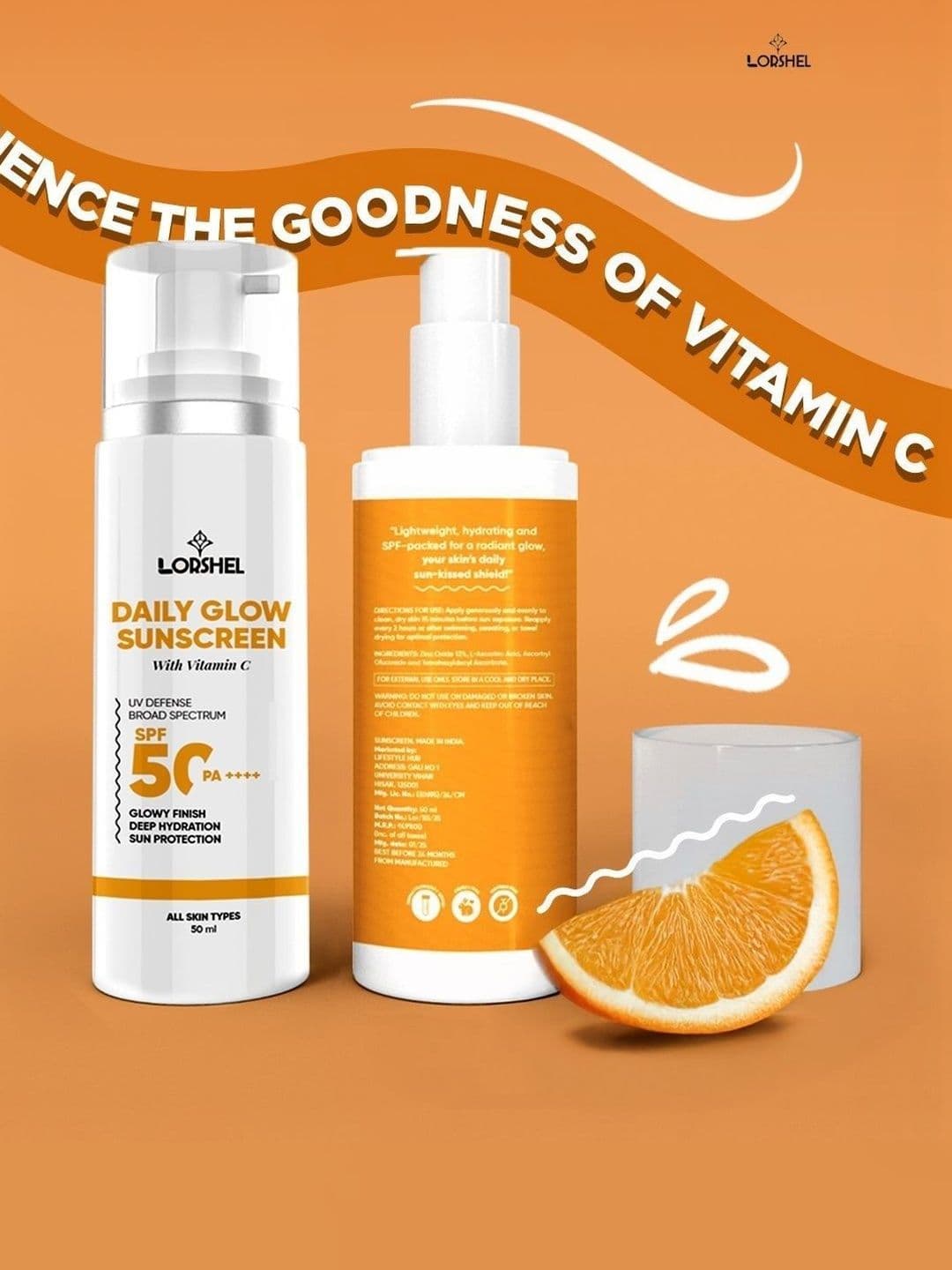 lorshel UV Defence Broad Spectrum SPF 50 & PA++++ Daily Glow Sunscreen With Vitamin C-50ml - view 1