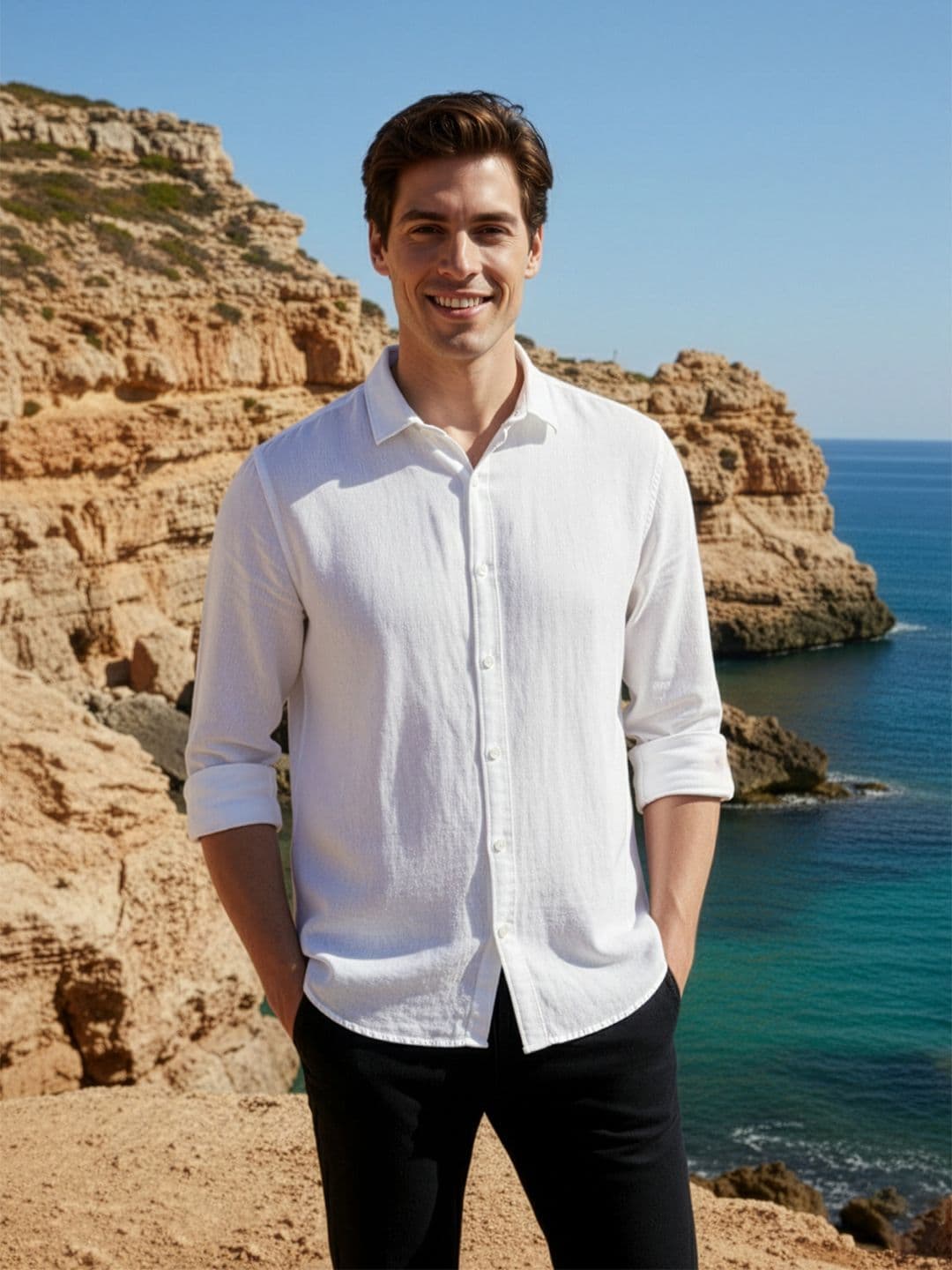 Mast & Harbour Men White Regular Fit Solid Casual Linen Shirt - view 1
